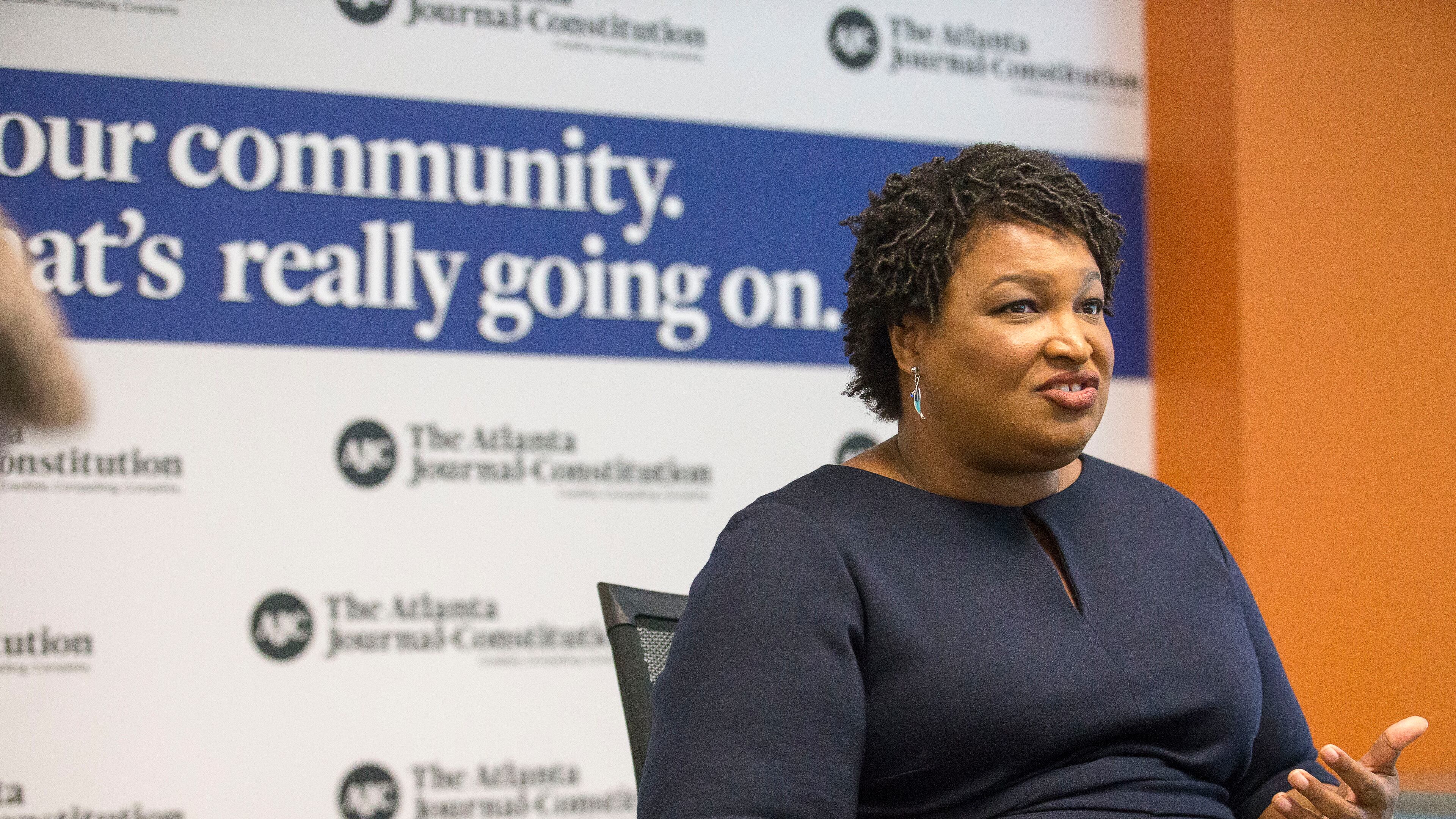 Democratic candidate for governor Stacey Abrams during an editorial board meeting at the Atlanta Journal=Constitution on Friday. ALYSSA POINTER/ALYSSA.POINTER@AJC.COM