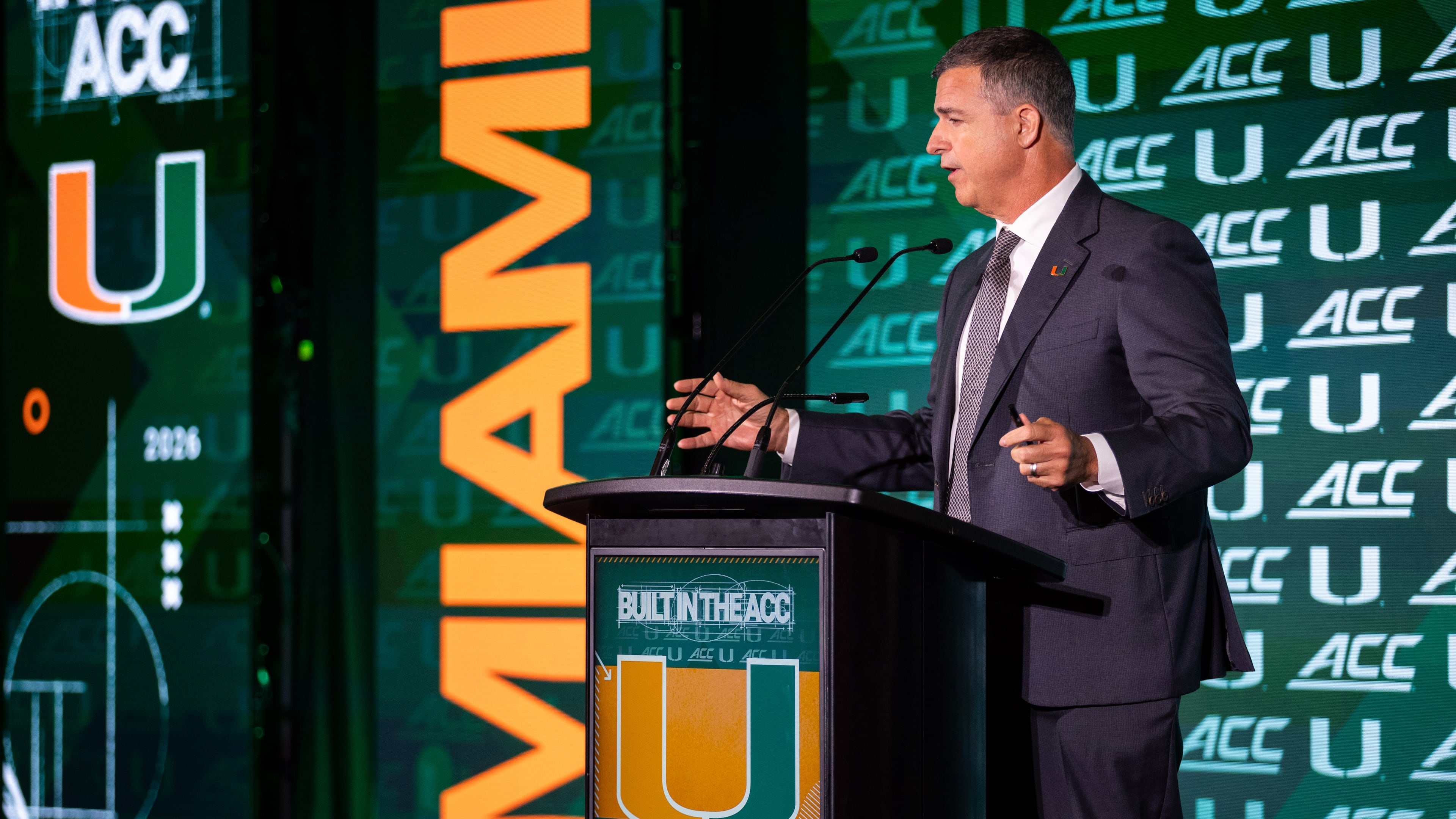Miami coach Mario Cristobal talks to the media during the ACC Football Kickoff at Hilton Uptown Charlotte in Charlotte, N.C. (Scott Kinser/Cal Sport Media via AP Images)