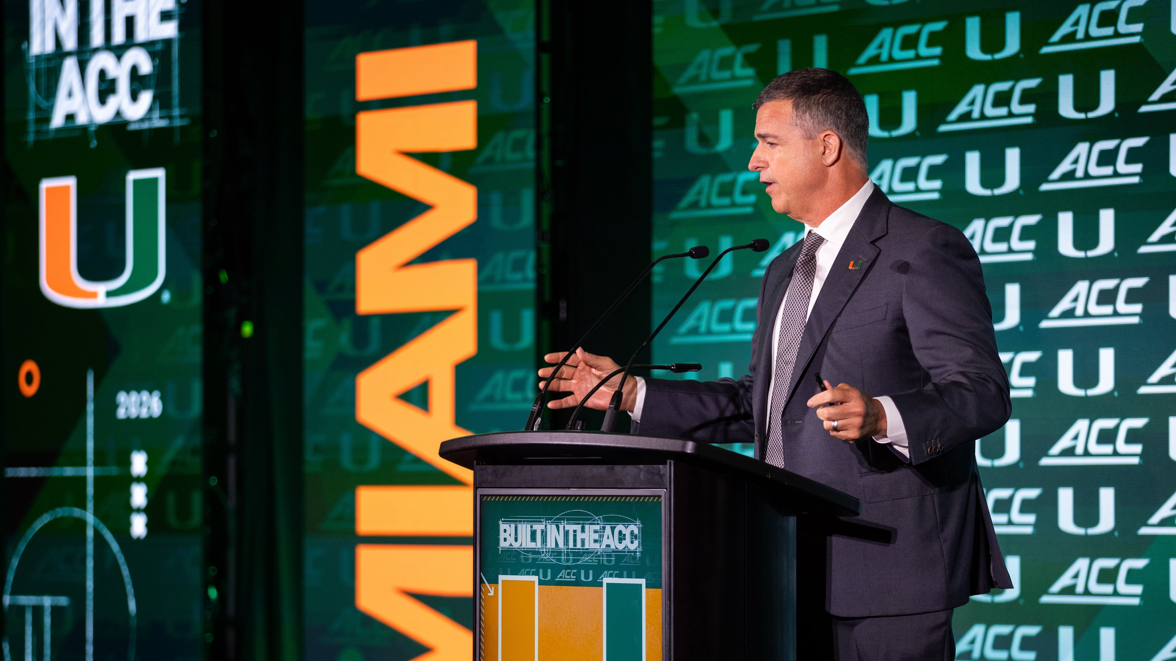 Miami head coach Mario Cristobal talks to the media during the 2026 ACC Football Kickoff at Hilton Charlotte Uptown in Charlotte, NC. (Scott Kinser/Cal Sport Media) (Cal Sport Media via AP Images)