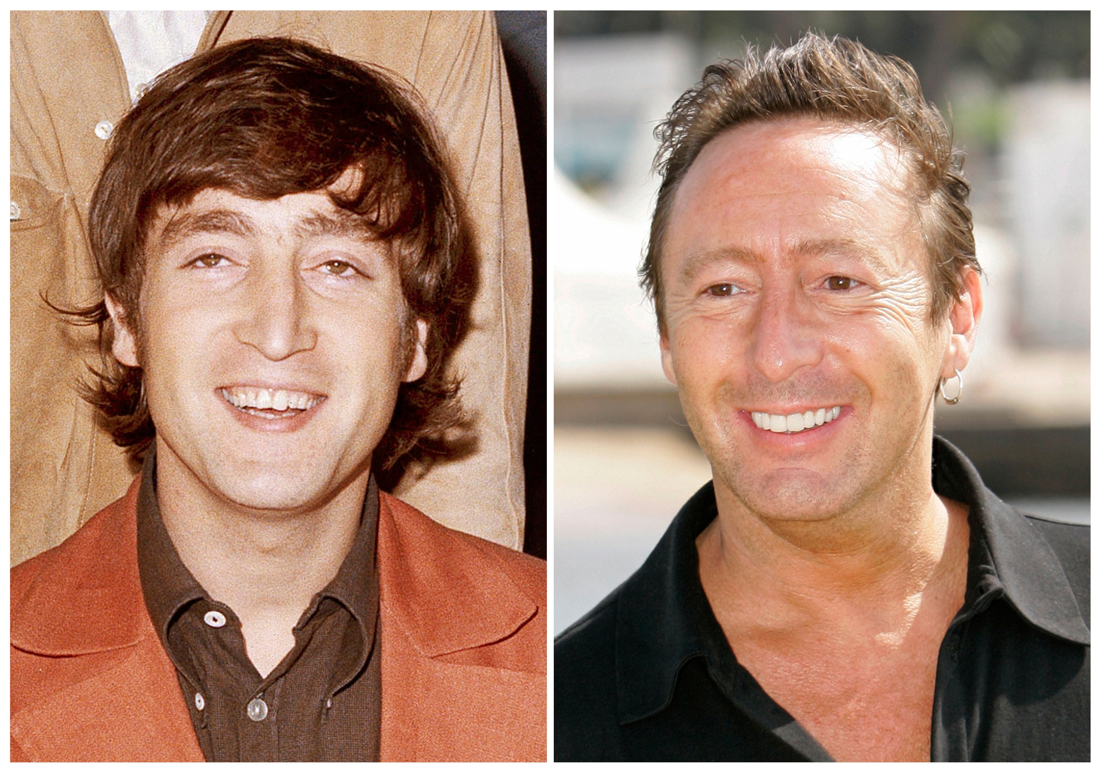 John Lennon appears in Washington, D.C. during The Beatles' U.S tour on Aug. 13, 1966., left, and his son Julian Lennon appears at a photo call for the documentary "Whale Dreamers" at the 60th International film festival in Cannes, southern France, on May 23, 2007. (AP Photo/Andrew Medichini)