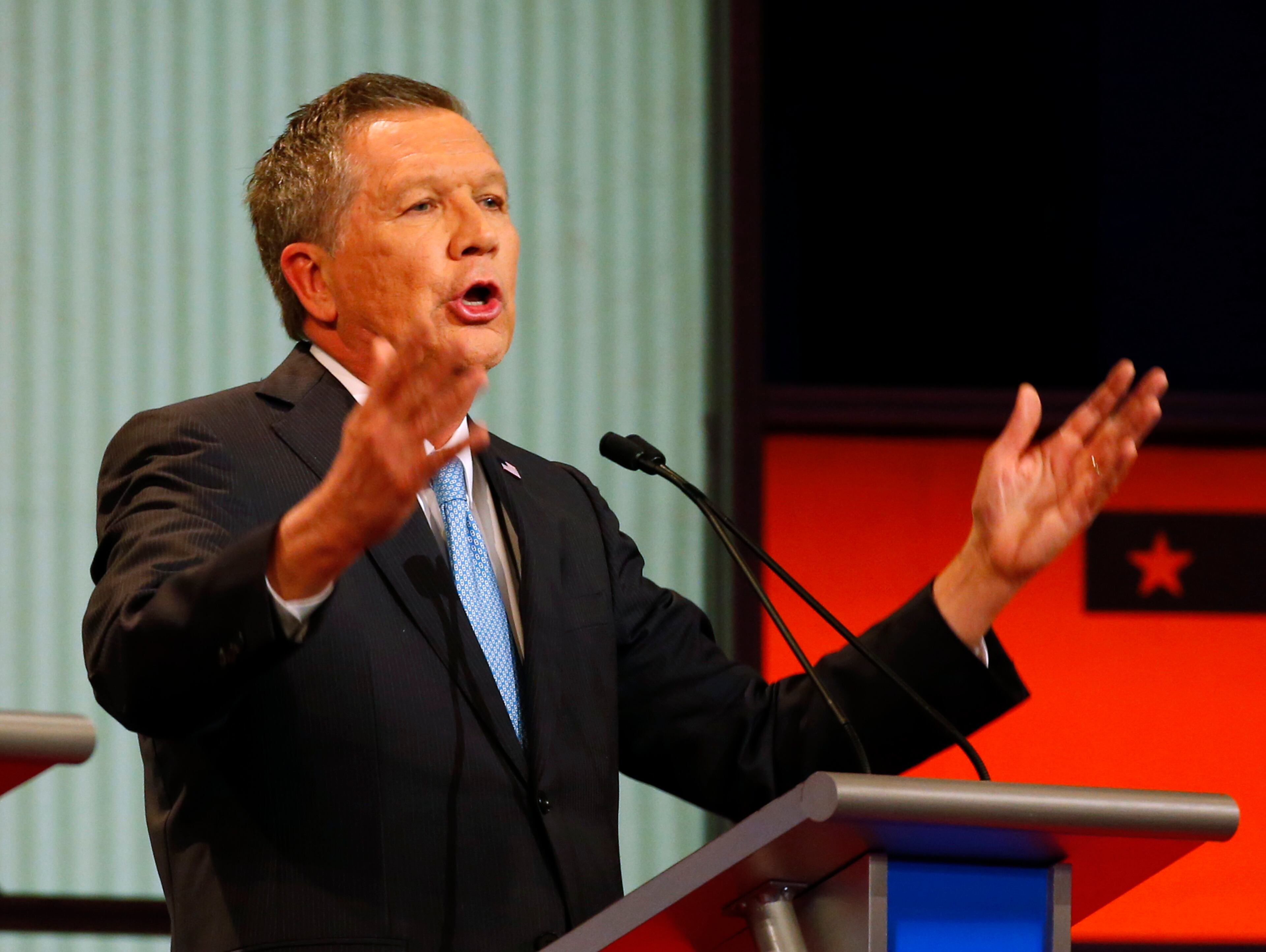 Republican presidential candidate, Ohio Gov. John Kasich speaks during a Republican presidential primary debate at Fox Theatre, Thursday, March 3, 2016, in Detroit. (AP Photo/Paul Sancya)