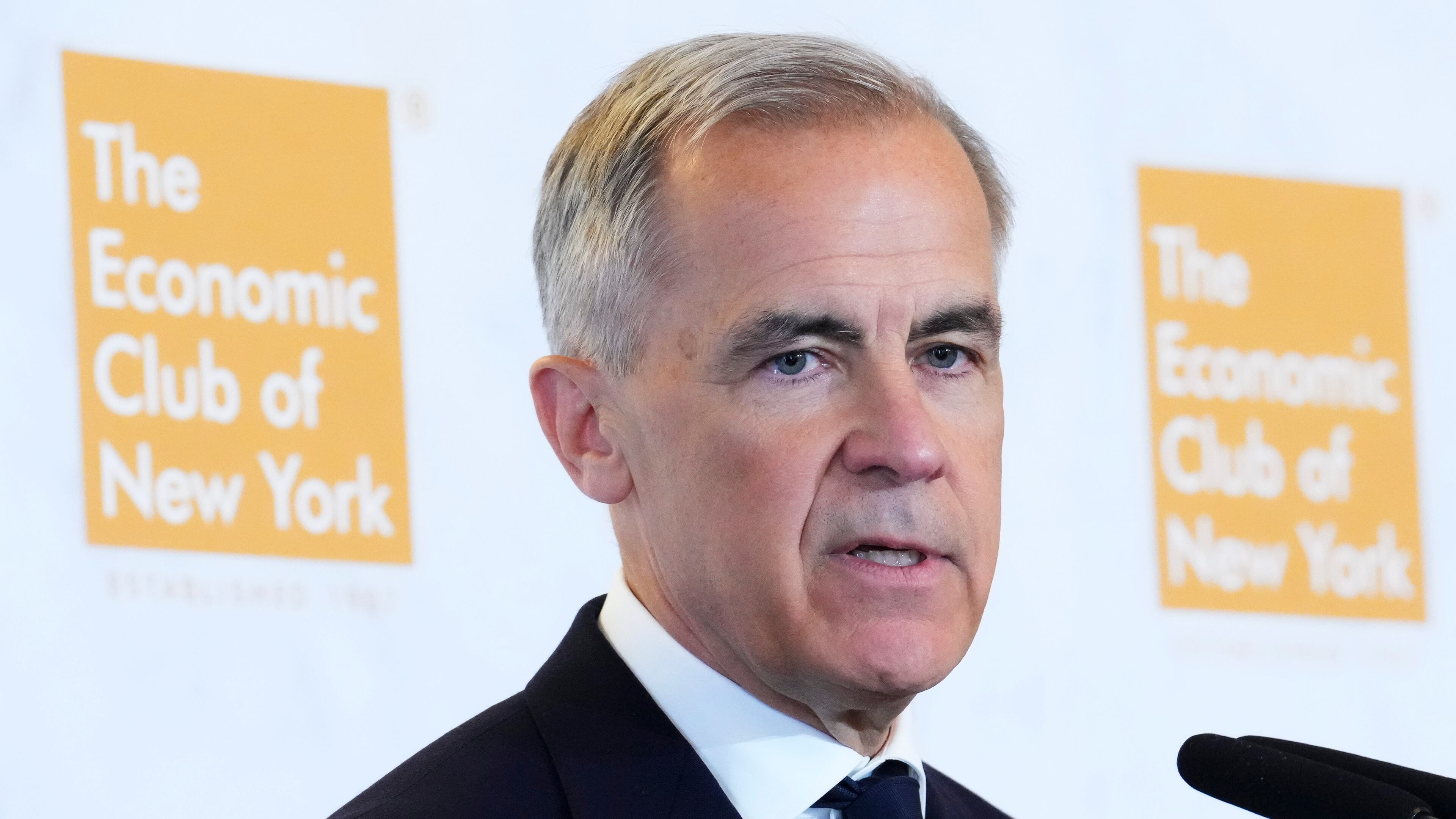 Canadian Prime Minister Mark Carney delivers a speech and takes part in an armchair discussion at The Economic Club of New York, in New York, on Thursday, May 28, 2026. (Sean Kilpatrick/The Canadian Press via AP)