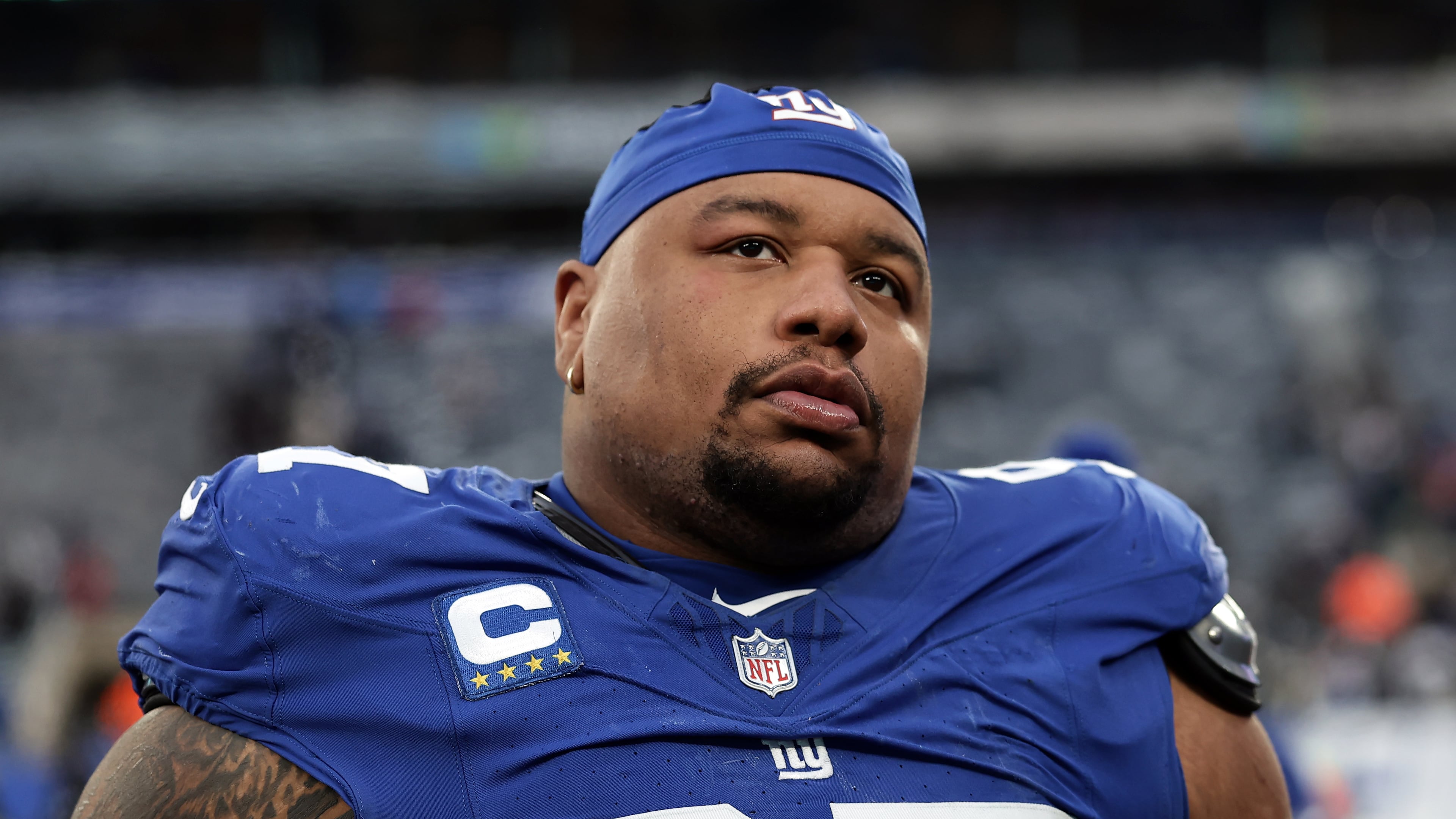 FILE - New York Giants defensive tackle Dexter Lawrence II (97) walks off the field after an NFL football game against the Dallas Cowboys, Sunday, Jan. 4, 2026, in East Rutherford, N.J. (AP Photo/Adam Hunger, File)