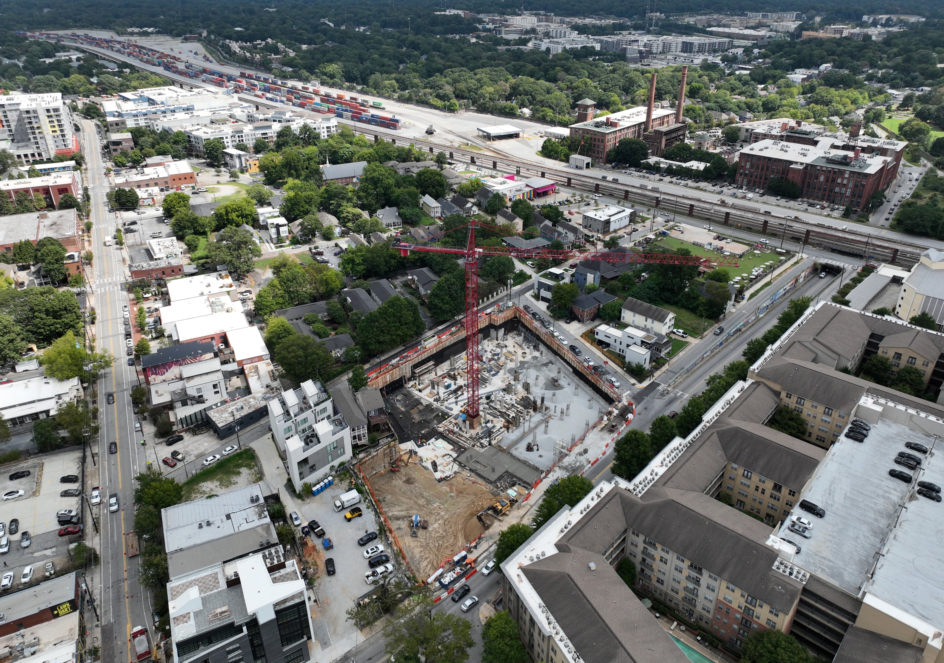 The footprint of a large new development in the Old Fourth Ward neighborhood is shown from above on Thursday, Sept. 8, 2022. Tree advocates say that often new developments fail to leave enough space for new tree plantings to grow and succeed. (Hyosub Shin/AJC)