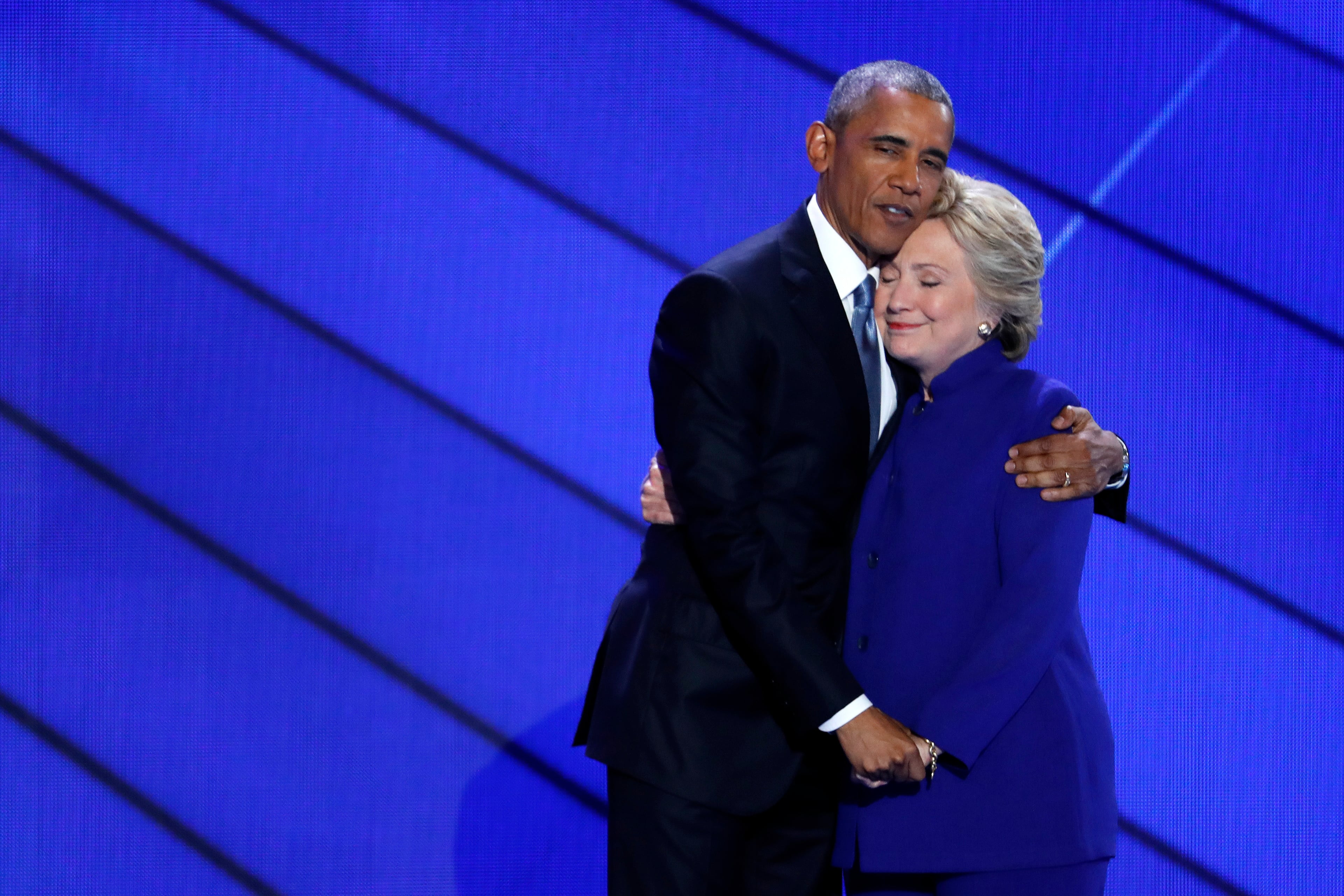 Democratic presidential nominee Hillary Clinton hugs President Barack Obama after joining him on stage during the third day of the Democratic National Convention in Philadelphia. (AP Photo/J. Scott Applewhite)