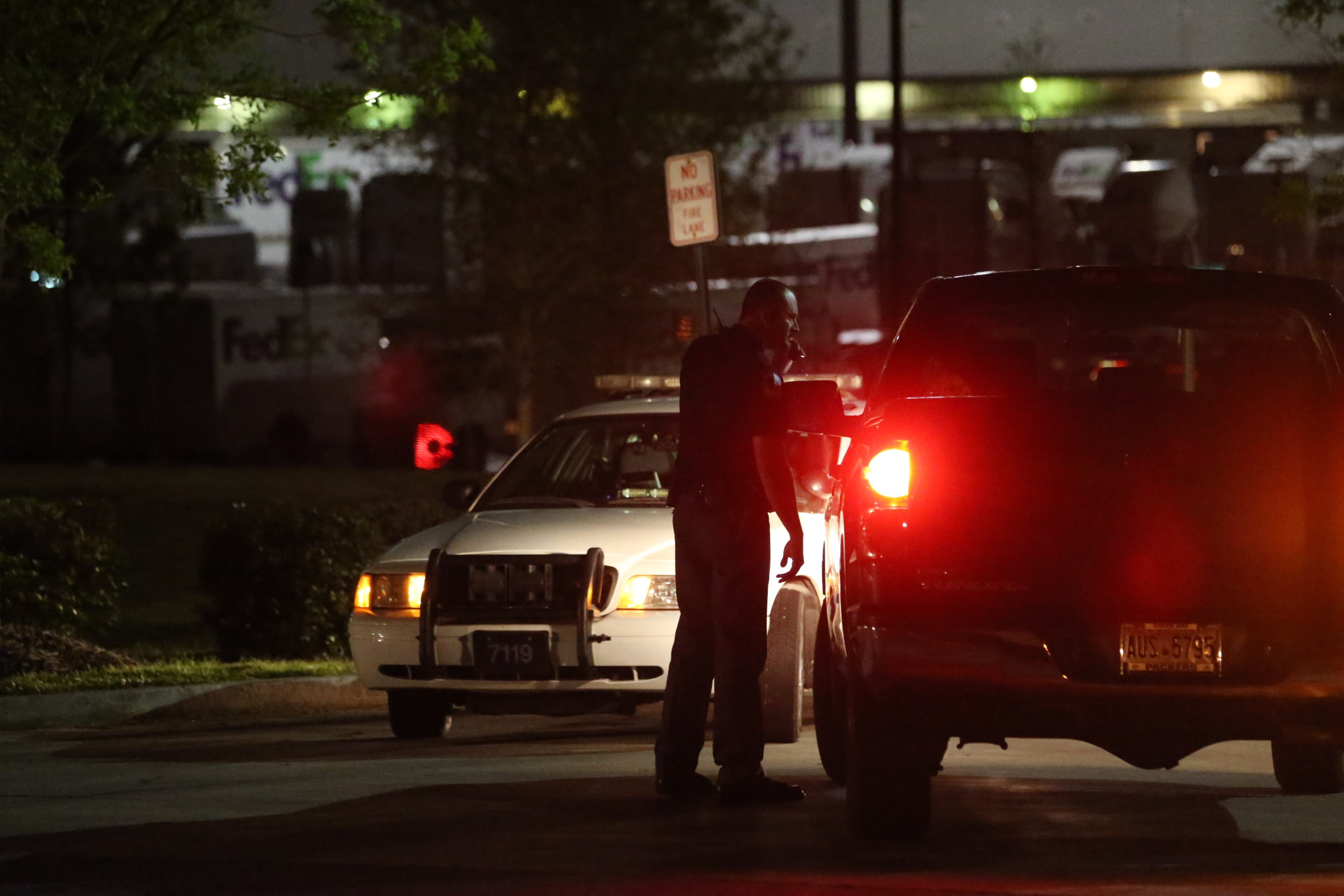 The scene at FedEx Wednesday morning, April 30, 2014, the day after a shooter injured six people. One, a security guard, remains in critical condition.