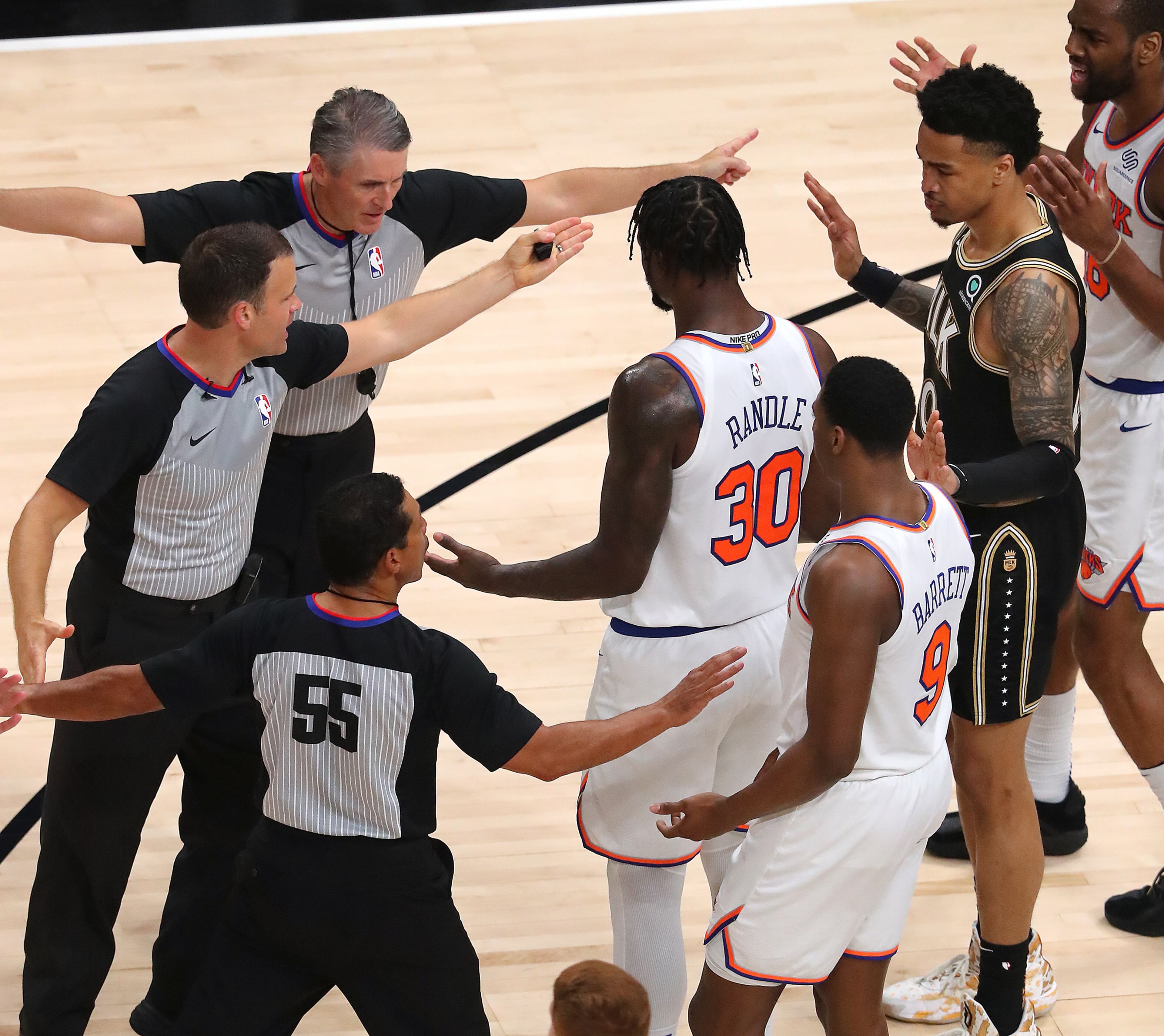 New York Knicks forward Julius Randle is called for a flagrant foul one during the 113-96 loss to the Hawks in Game 4 of their first-round NBA playoff series Sunday, May 30, 2021, at State Farm Arena in Atlanta. Randle fouled out. (Curtis Compton / Curtis.Compton@ajc.com)