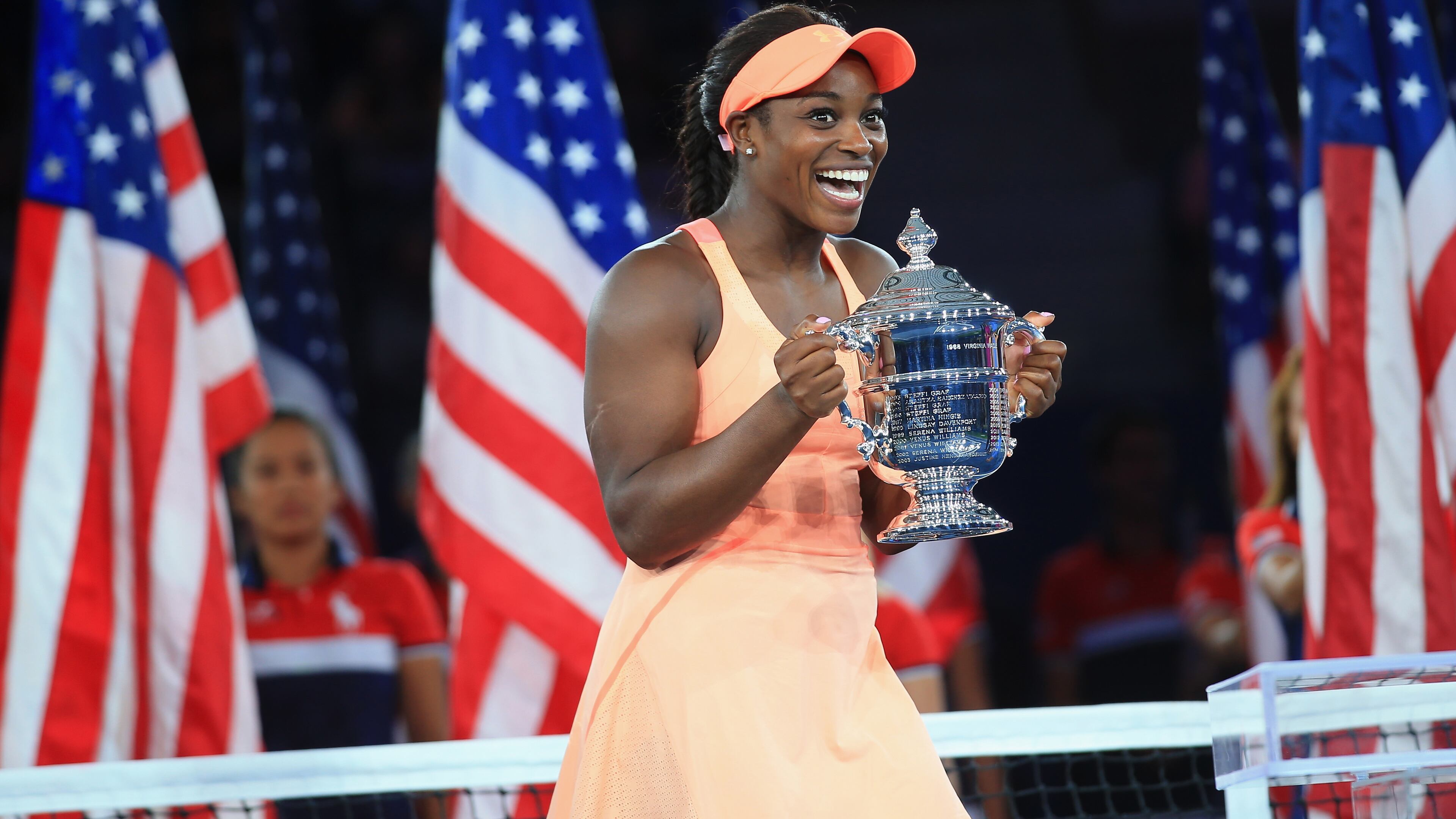 NEW YORK, NY - SEPTEMBER 09: Sloane Stephens of the United States poses with the championship trophy during the trophy presentation after defeating Madison Keys of the United States in the Women's Singles final match on Day Thirteen during the 2017 US Open at the USTA Billie Jean King National Tennis Center on September 9, 2017 in the Queens borough of New York City. (Photo by Chris Trotman/Getty Images for USTA)