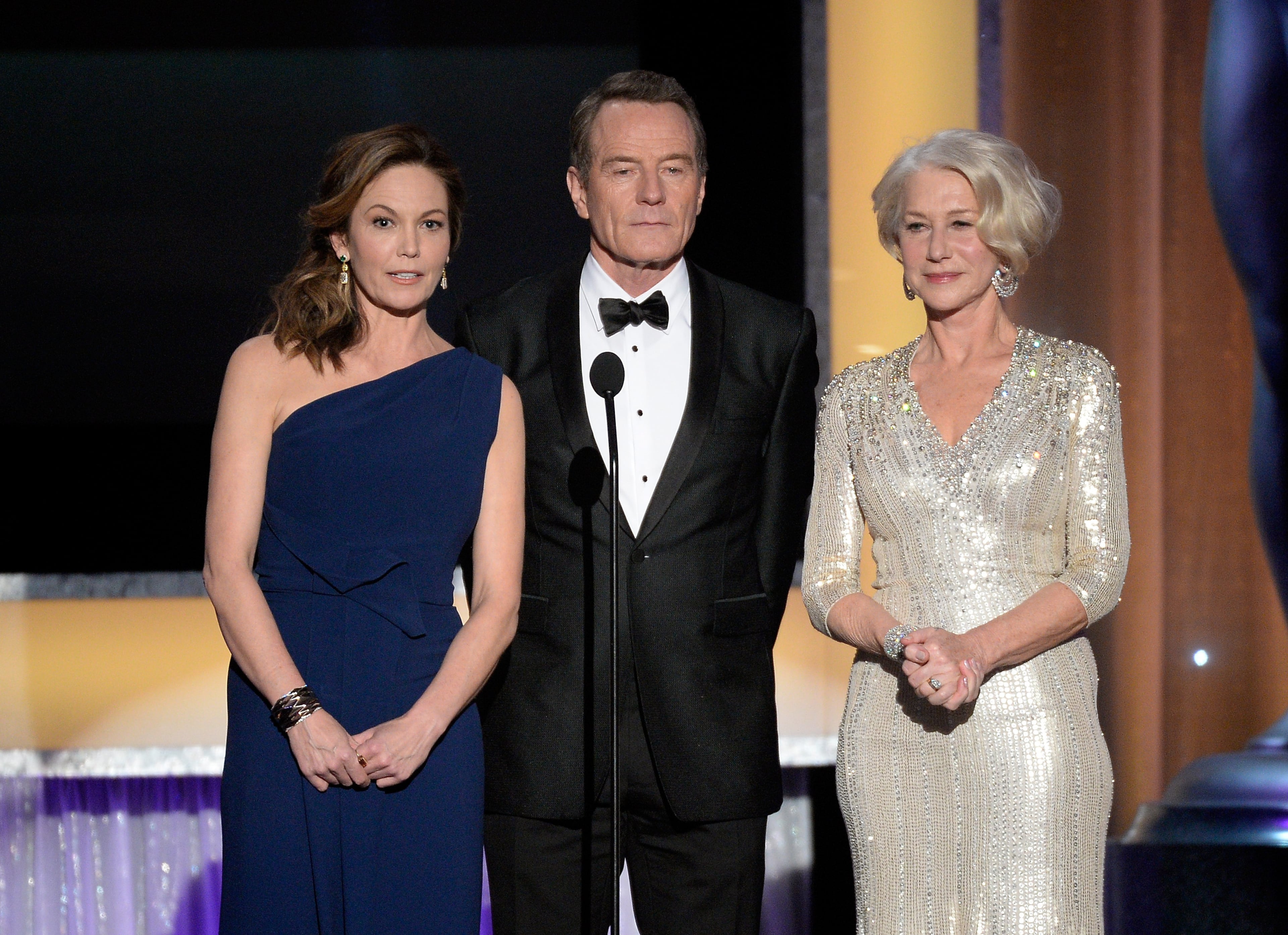 LOS ANGELES, CA - JANUARY 30: (L-R) Actors Diane Lane, Bryan Cranston, and Helen Mirren speak onstage during the 22nd Annual Screen Actors Guild Awards at The Shrine Auditorium on January 30, 2016 in Los Angeles, California. (Photo by Kevork Djansezian/Getty Images)