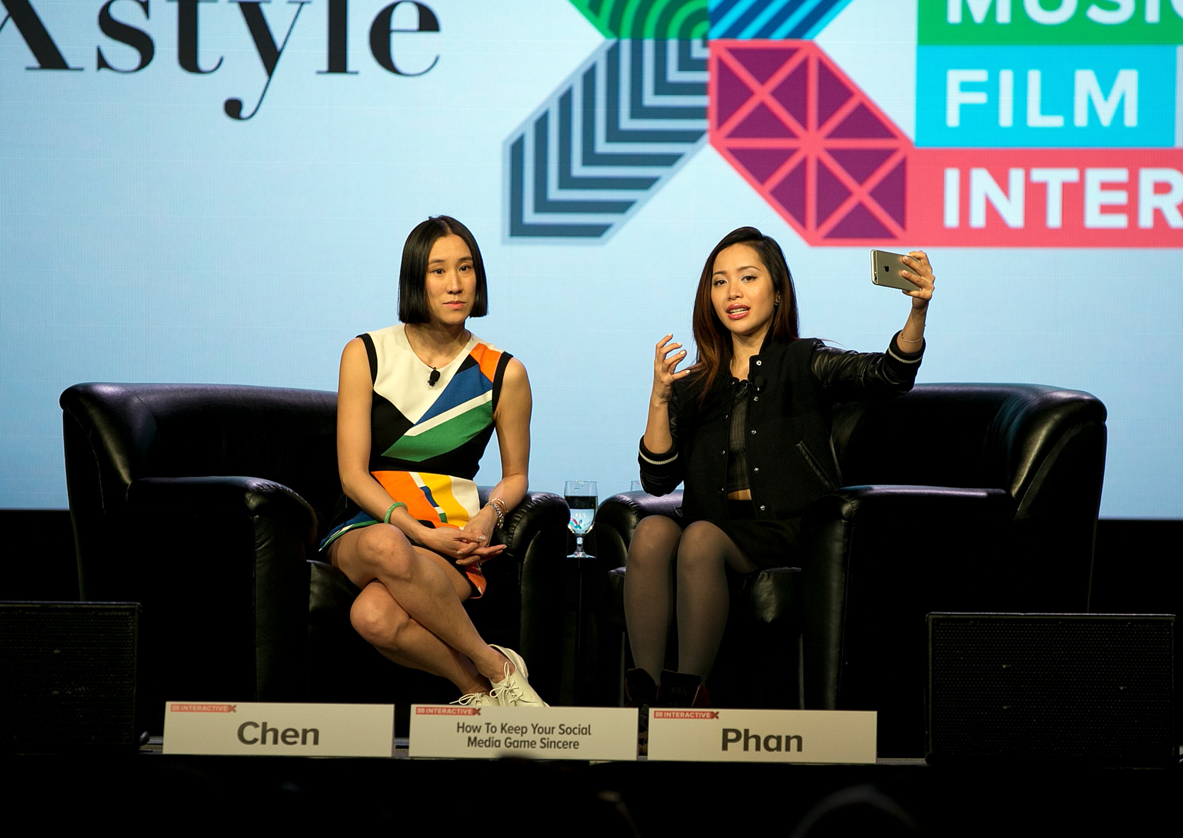 Eva Chen and Michelle Phan during their presentation titled How To Keep Your Social Media Game Sincere at SXSW at the Austin Convention Center on Monday, March 16, 2015.