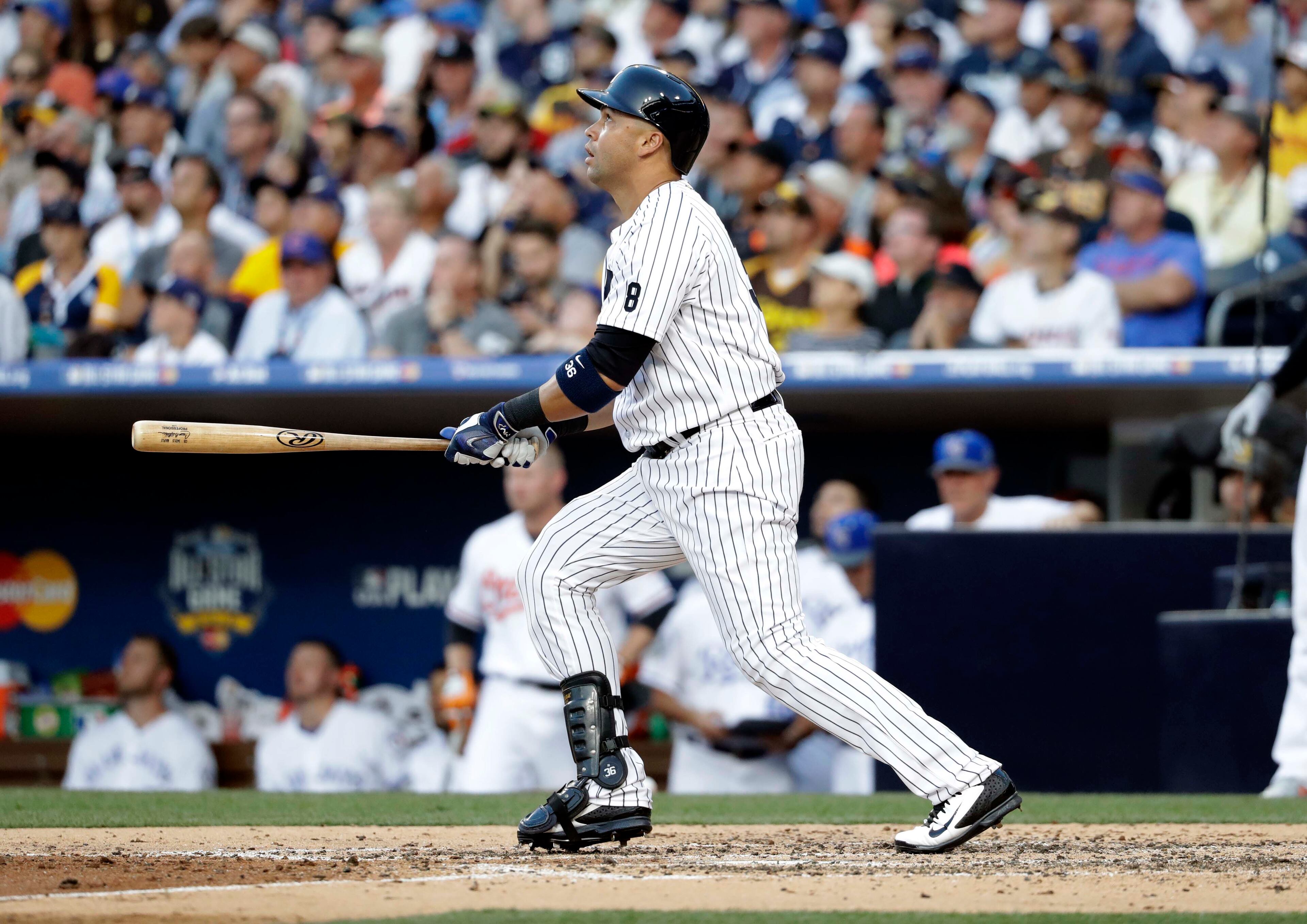 American League's Carlos Beltran, of the New York Yankees, hits during the MLB baseball All-Star Game, Tuesday, July 12, 2016, in San Diego. (AP Photo/Gregory Bull)