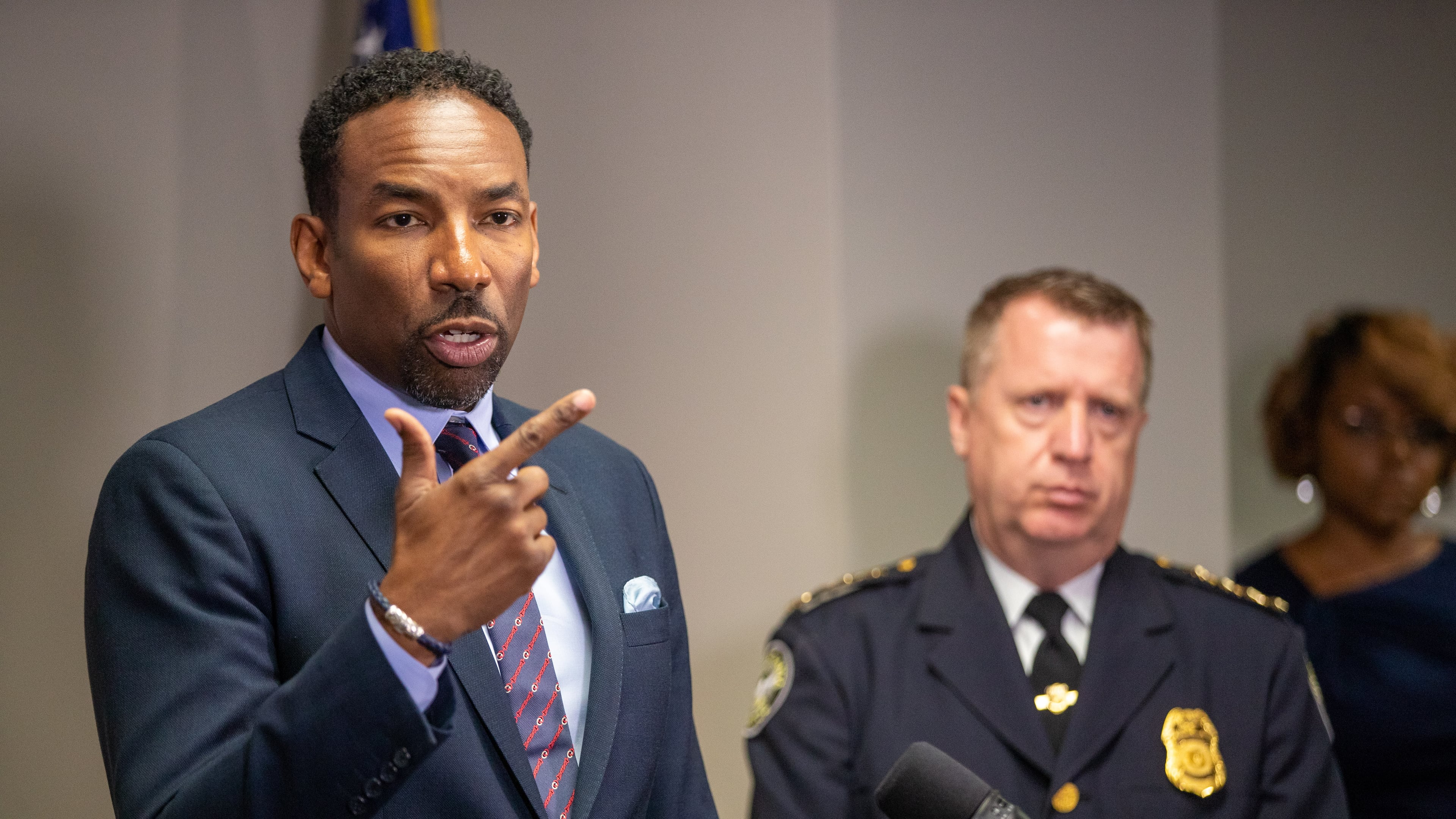 Atlanta Mayor Andre Dickens talks at a press conference as chief of Atlanta Police Darin Schierbaum looks on Tuesday, June 21, 2022. Steve Schaefer / steve.schaefer@ajc.com)