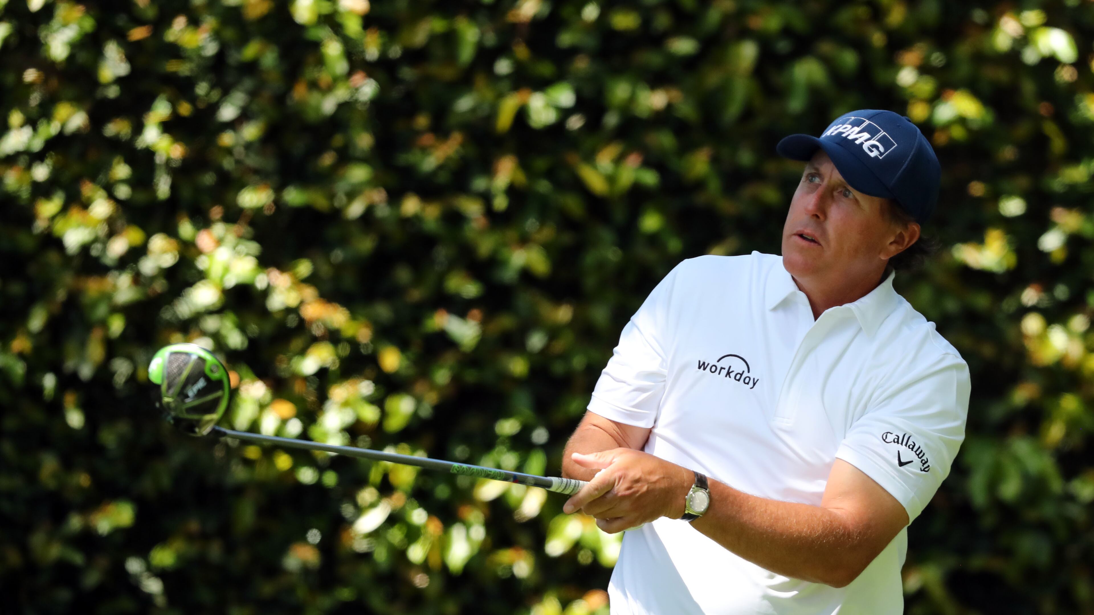 Phil Mickelson watches his shot from the second tee in the third round of the 81st Masters tournament at the Augusta National Golf Club, Saturday, April 8, 2017. CURTIS COMPTON/ AJC