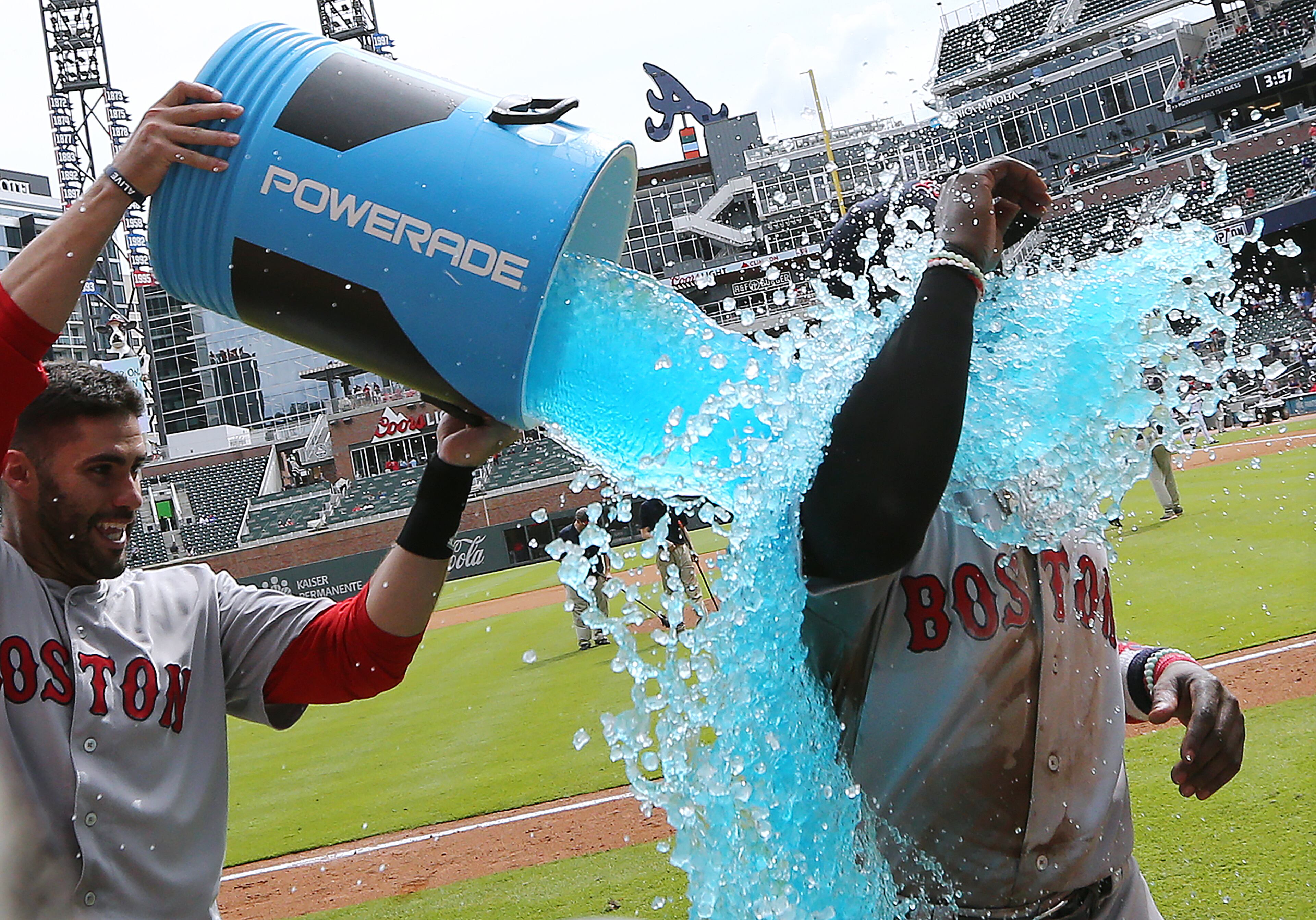 September 5, 2018 Atlanta: Boston Red Sox Brandon Phillips gets dunked after hitting a 2-run homer to beat the Atlanta Braves 9-8 during the 9th inning in a MLB baseball game on Wednesday, Sept 5, 2018, in Atlanta. Curtis Compton/ccompton@ajc.com