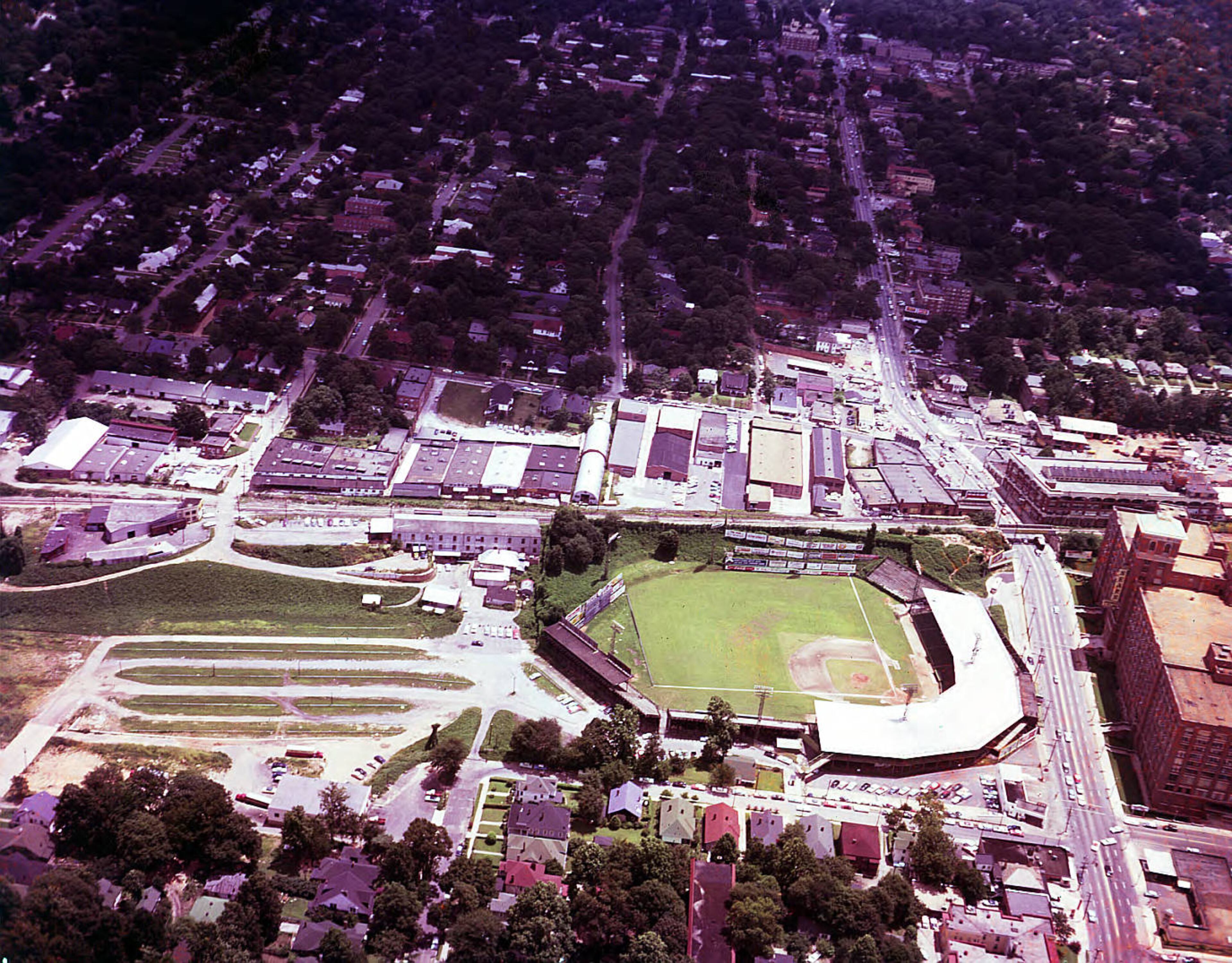 From 1959, an aerial view of Ponce de Leon Park, where the Atlanta Crackers baseball team played. Across the street, you can see part of the old Sears building, which is now Ponce City Market.