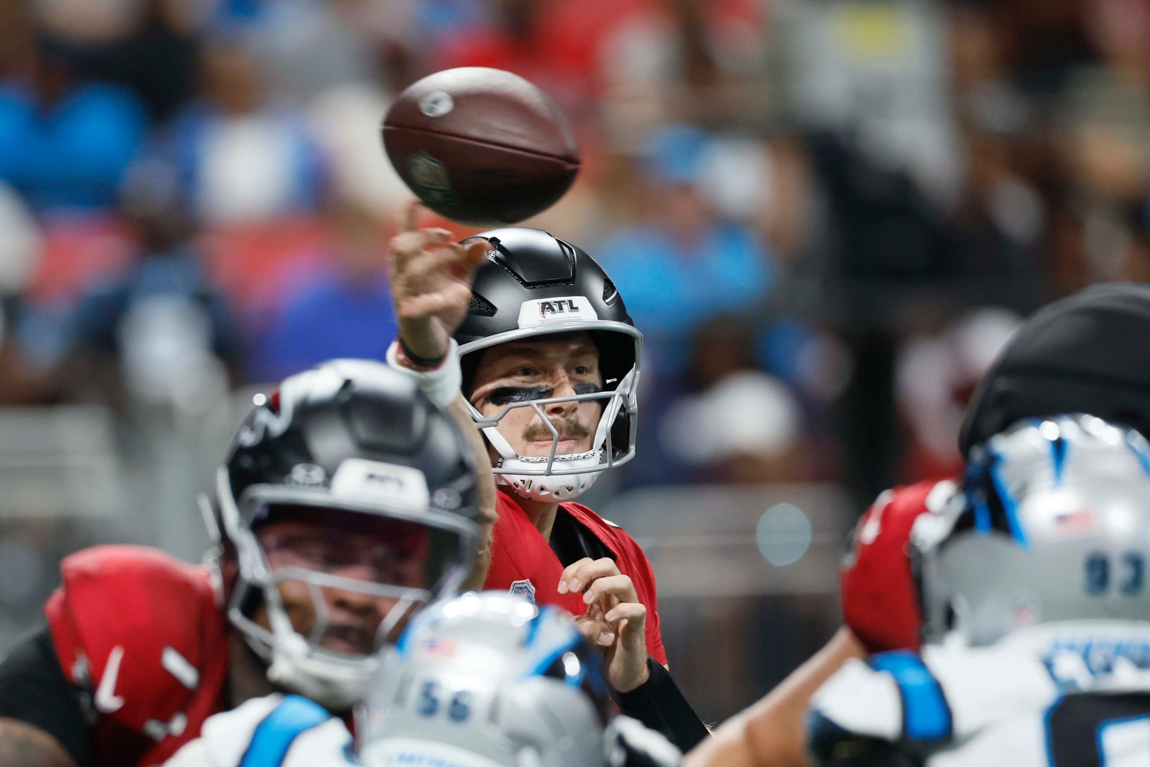 Atlanta Falcons quarterback Jack Strand (18) throws an interception on his first pass attempt in the second half of an NFL game against the Carolina Panthers at Mercedes-Benz Stadium in Atlanta on Sunday, Sept. 20, 2026. (Miguel Martinez/AJC)