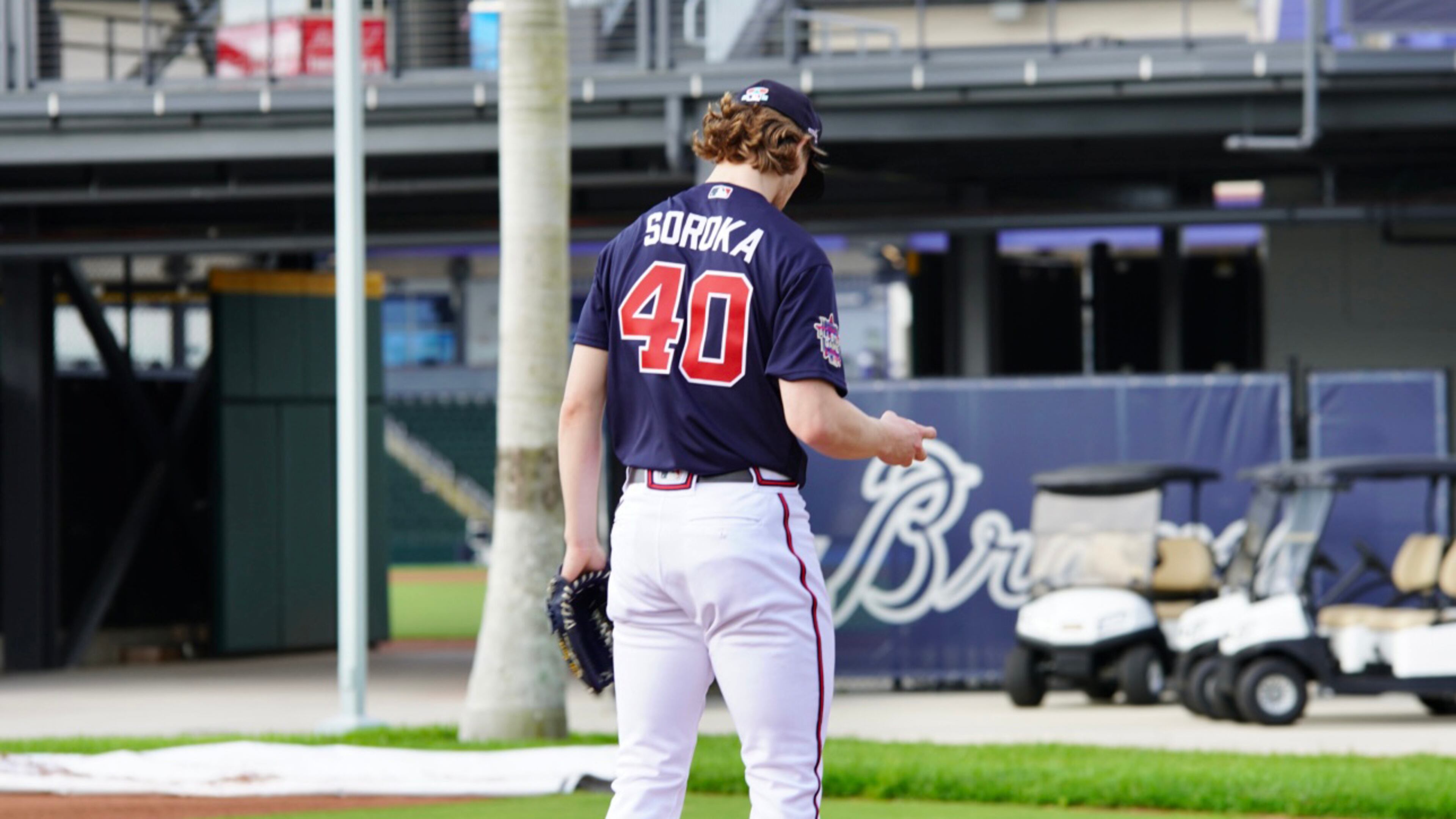 Braves pitcher Mike Soroka - rehabbing an Achilles injury - throws from the mound during the opening of spring training camp Thursday, Feb. 18, 2021, at the team's facility in North Port, Fla.