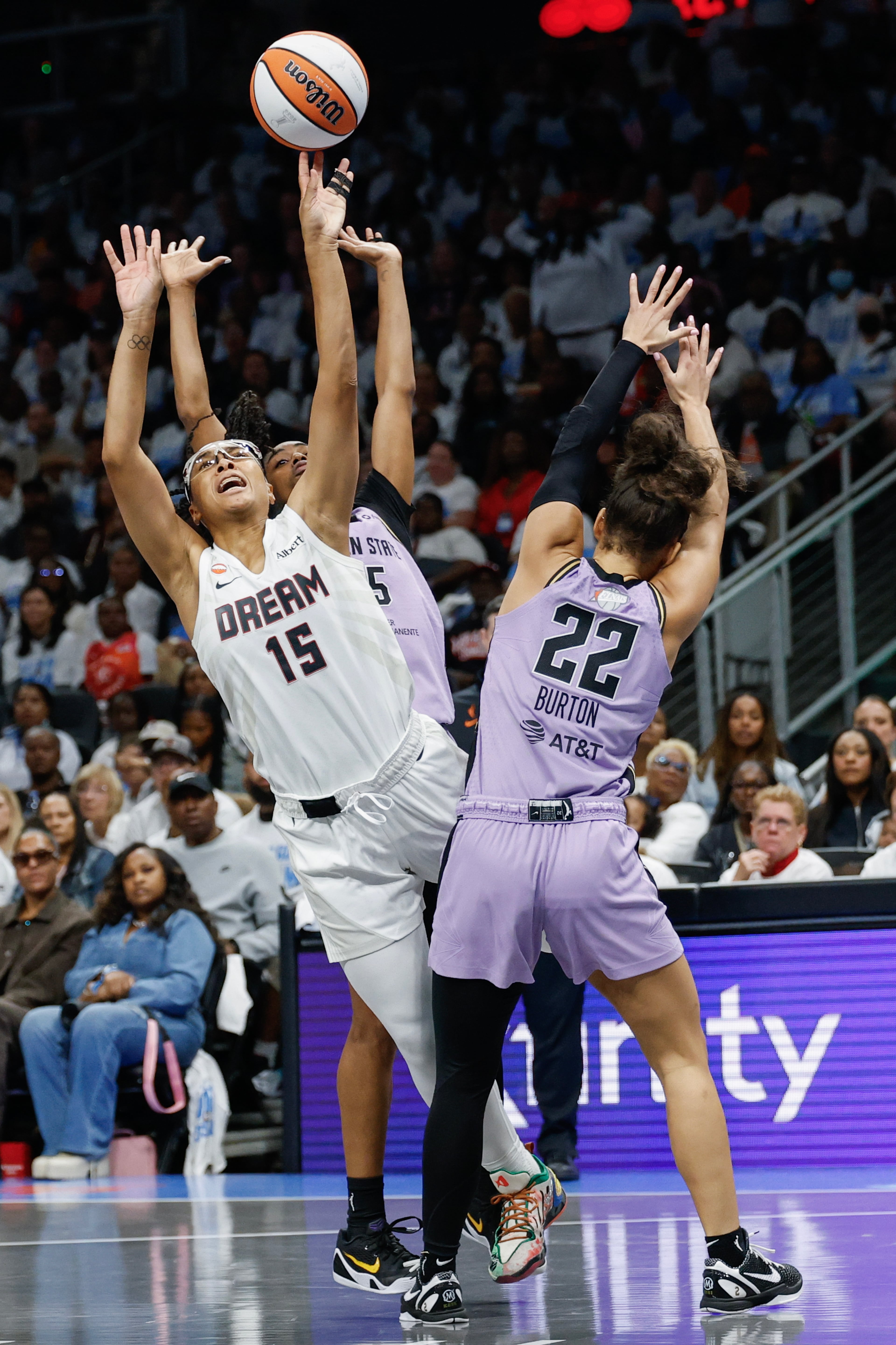 Atlanta Dream guard Allisha Gray (left) is defended by Golden State Valkyries guard Veronica Burton (right) during the second half of Game 4 of the WNBA Finals between the Atlanta Dream and the Golden State Valkyries, Saturday, Oct. 24, 2026, in Atlanta. (Erik S. Lesser for the AJC)