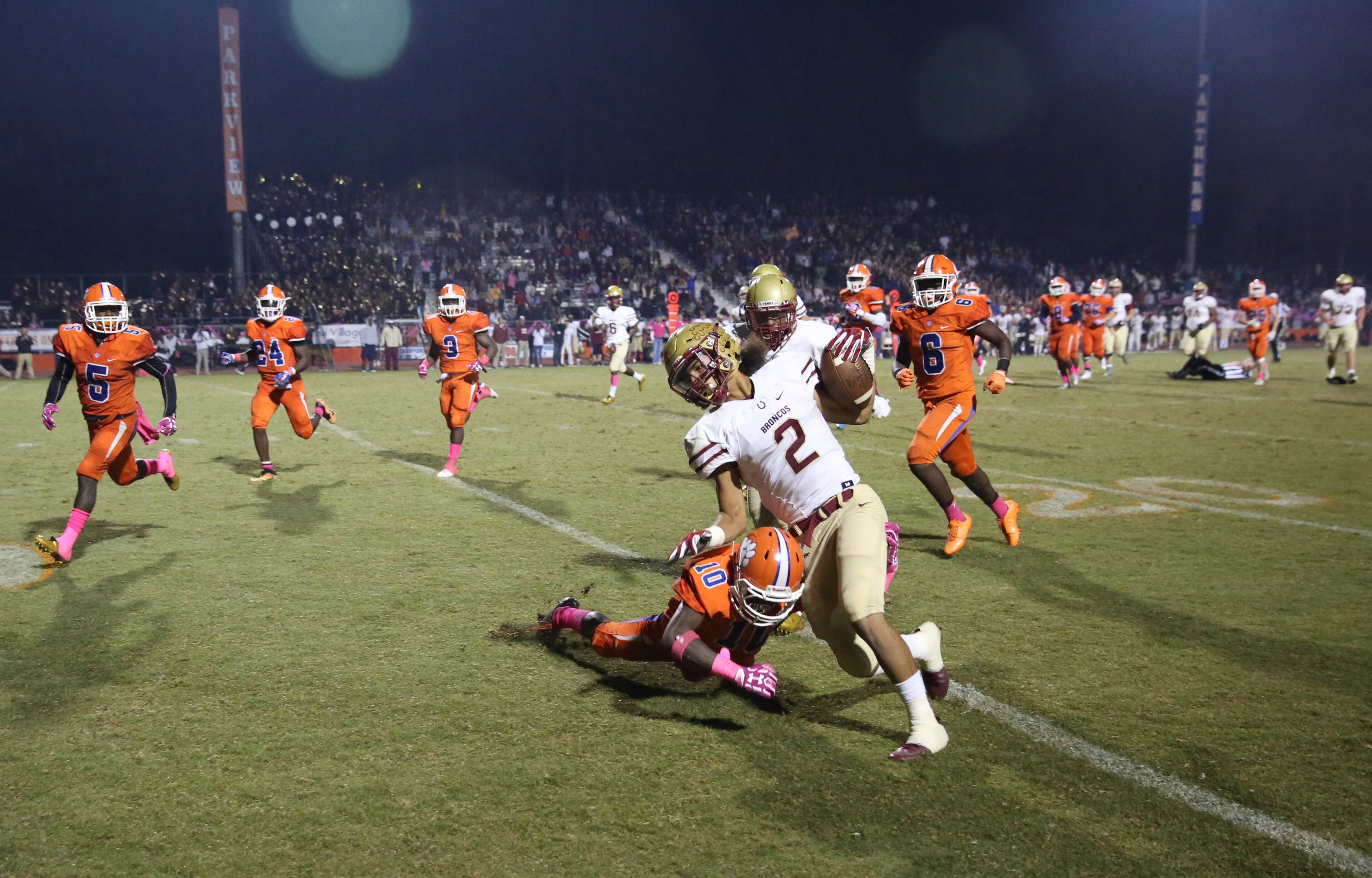 October 20, 2017 - Lilburn, Ga: Brookwood wide receiver Matthew Hill (2) eludes the tackle of Parkview defensive back Matt Chavers (10) during a run in the second half of their game at Parkview High School Friday, October 20, 2017, in Lilburn, Ga.. Brookwood won 30-27. PHOTO / JASON GETZ