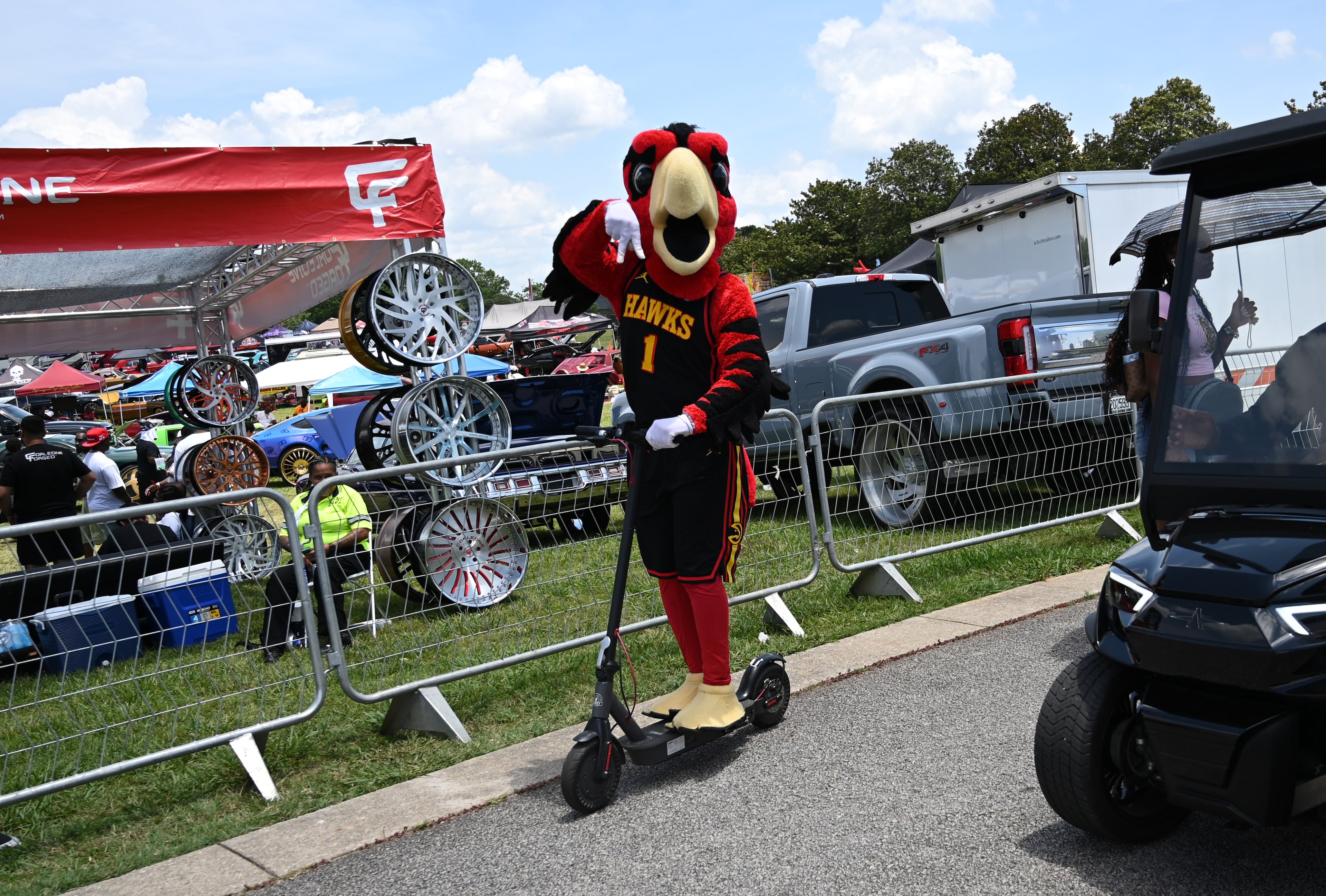 Harry the Hawk is seen during the 4th Annual Rick Ross Car and Bike Show, Saturday, June 7, 2025, in Fayetteville. The 4th Annual Rick Ross Car and Bike Show will include a vendor market with more than 30 vendors, food trucks, fleets of classic/custom automobiles, luxury vehicles, boats, RVs and trailers on the front of the mansion. Stage performances include Plies, Ross' new signee Nino Breeze and Ross himself. (Hyosub Shin / AJC)