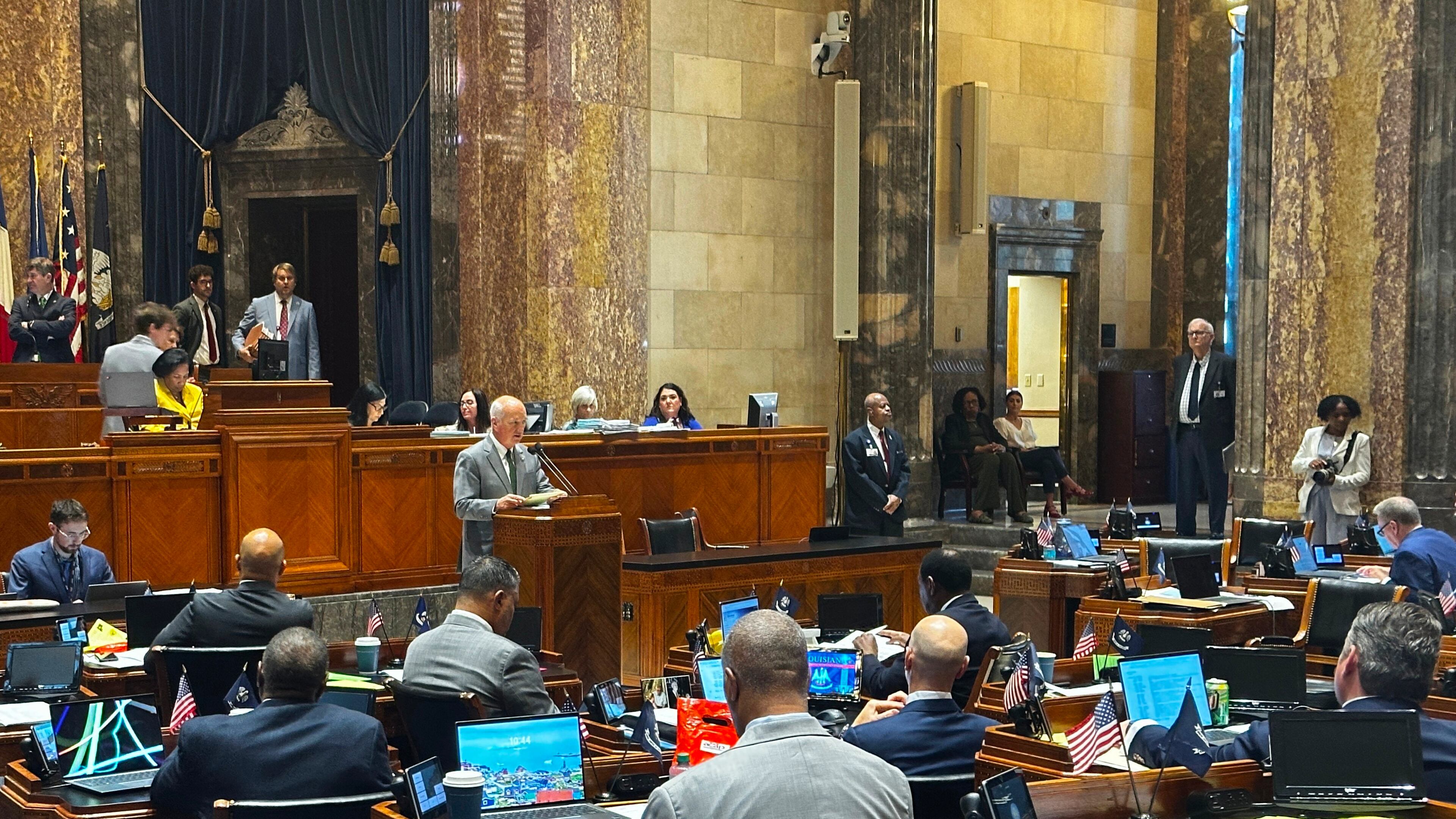 Louisiana state Sen. Jay Morris defends his legislature, Senate Bill 121, to members of the Louisiana state legislature on Thursday, May 14, 2026, in Baton Rouge, La. (AP Photo/Stephen Smith)
