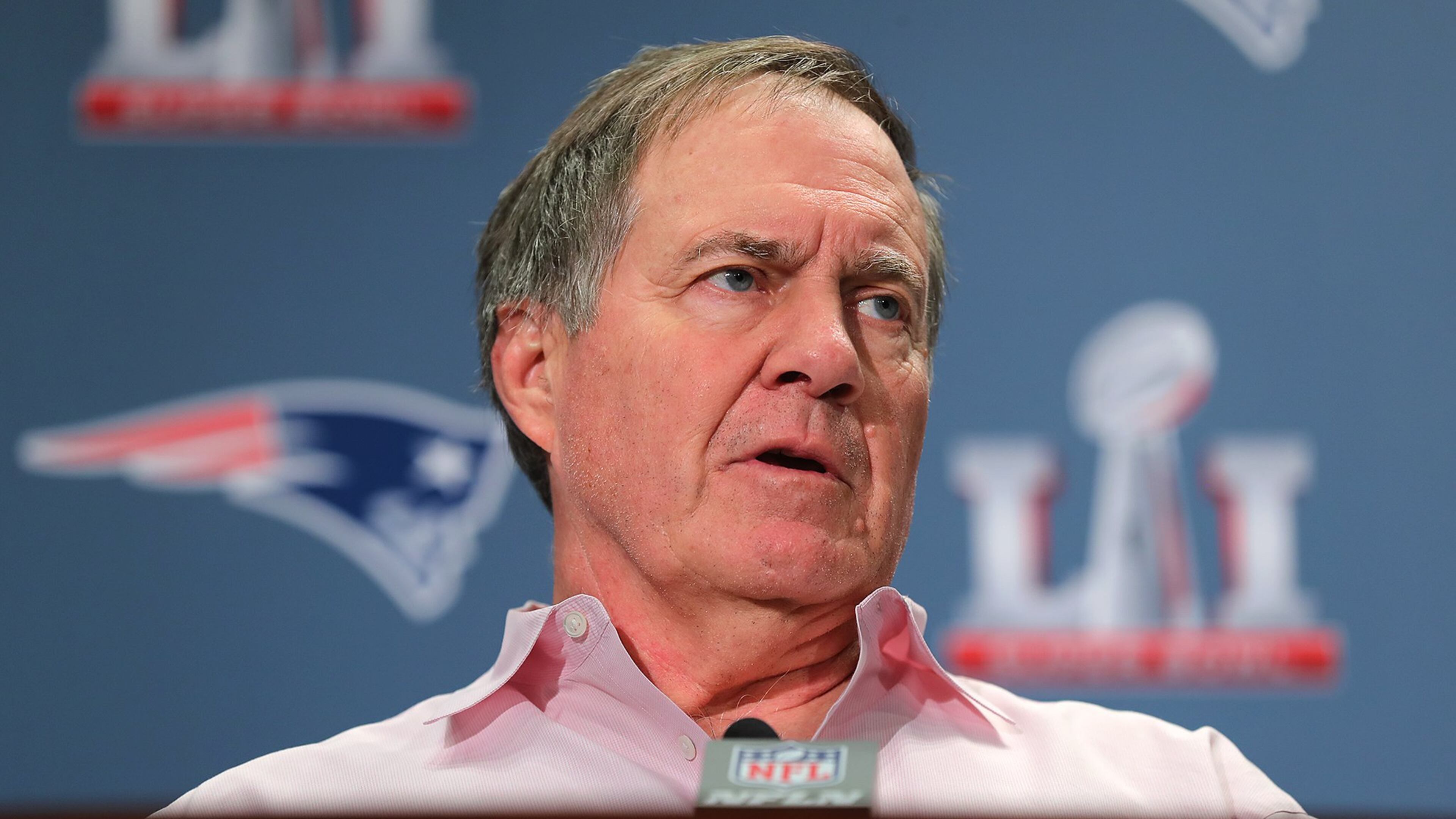 Patriots head coach Bill Belichick holds his Super Bowl press conference on Tuesday. Curtis Compton/ccompton@ajc.com