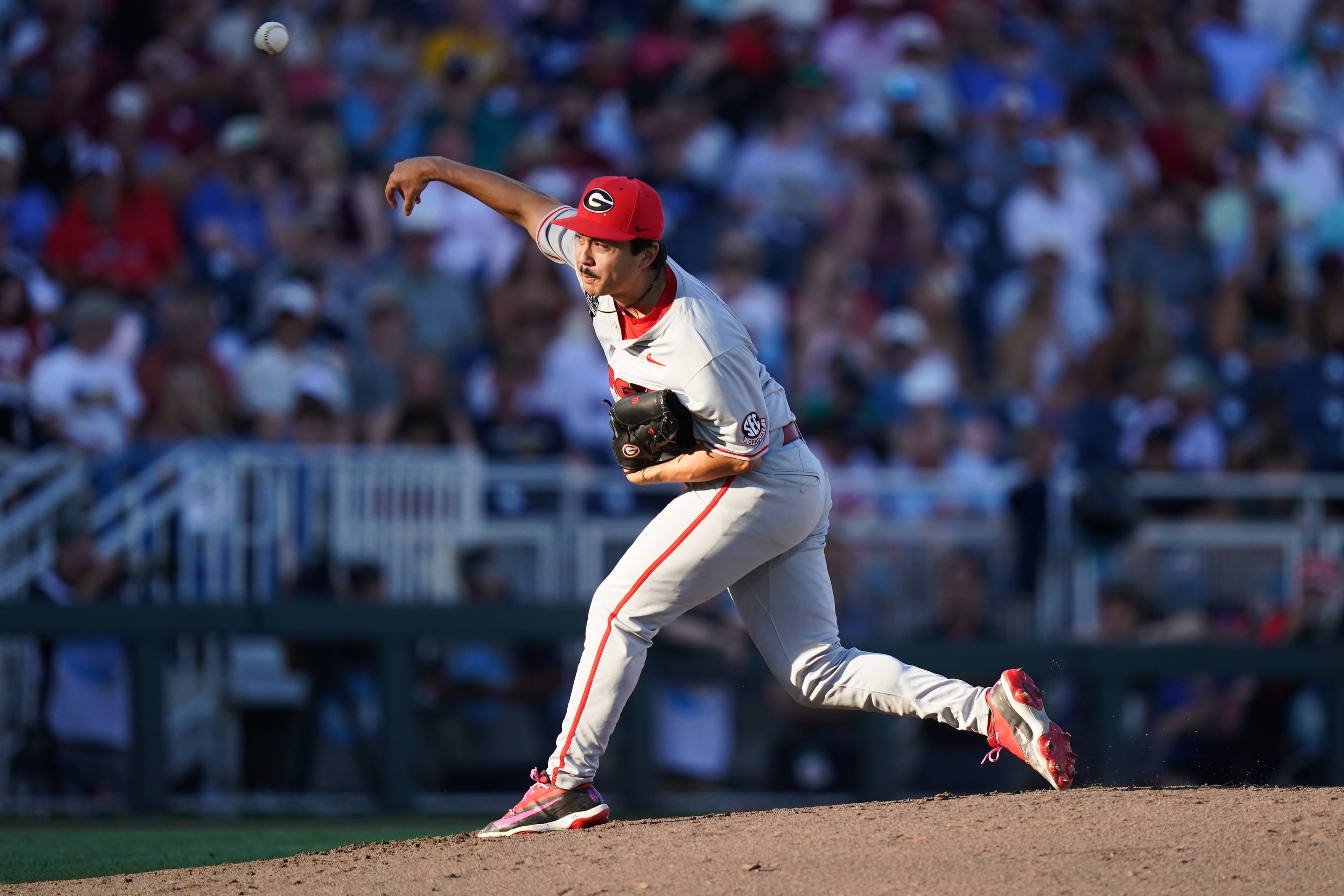 Georgia pitcher Caden Aoki throws off the mound during a College World Series game against Oklahoma on Monday, June 15, 2026, in Omaha, Neb. (Vera Nieuwenhuis/AP)