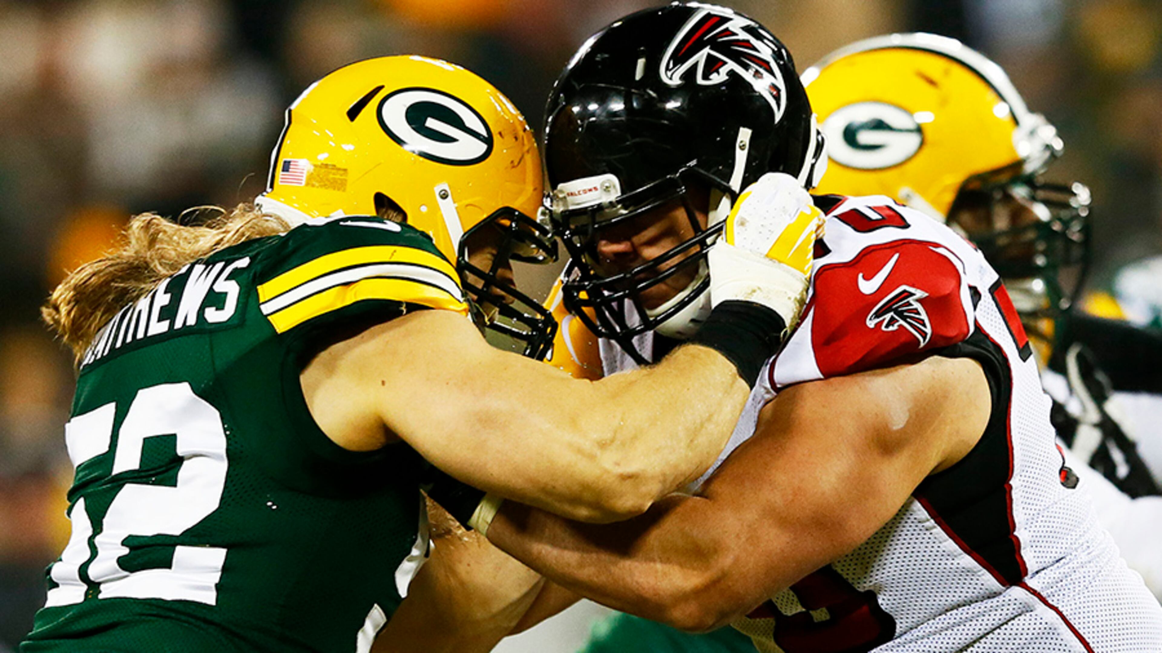 Monday nights' matchup featured a battle on the line between cousins Clay Matthews (left) and the Falcons' Jake Matthews.