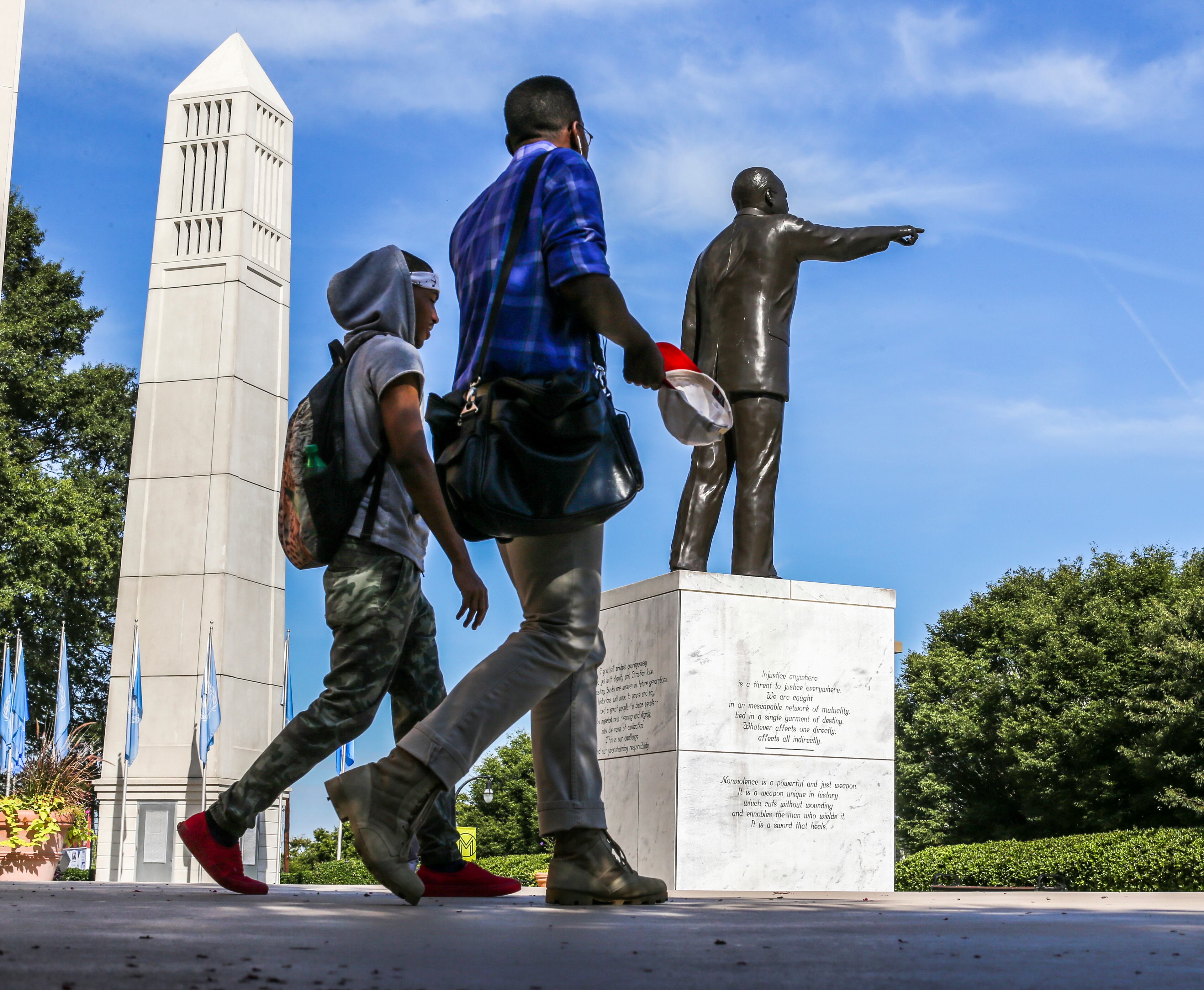 D'Anthony Shaw, a senior from Maryland, and Anthony Brown, a sophomore from Cleveland, Ohio (right), walk to class. Students from 40 states and 14 countries will undertake their studies at what Morehouse states is an institution dedicated to producing outstanding men and ethical leaders.