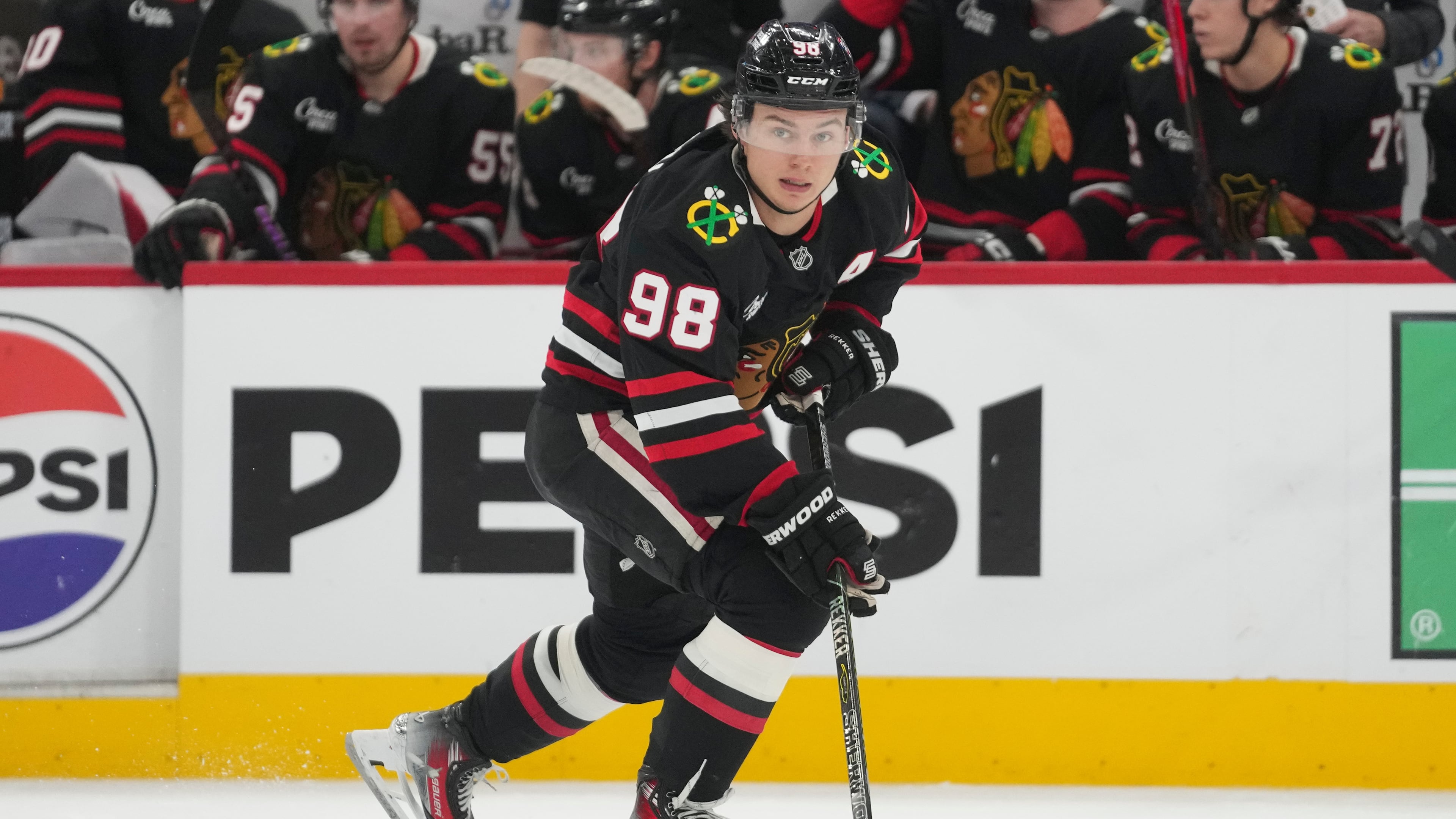 FILE - Chicago Blackhawks center Connor Bedard handles the puck during the second period of an NHL hockey game against the Colorado Avalanche, March 20, 2026, in Chicago. (AP Photo/Erin Hooley, File)