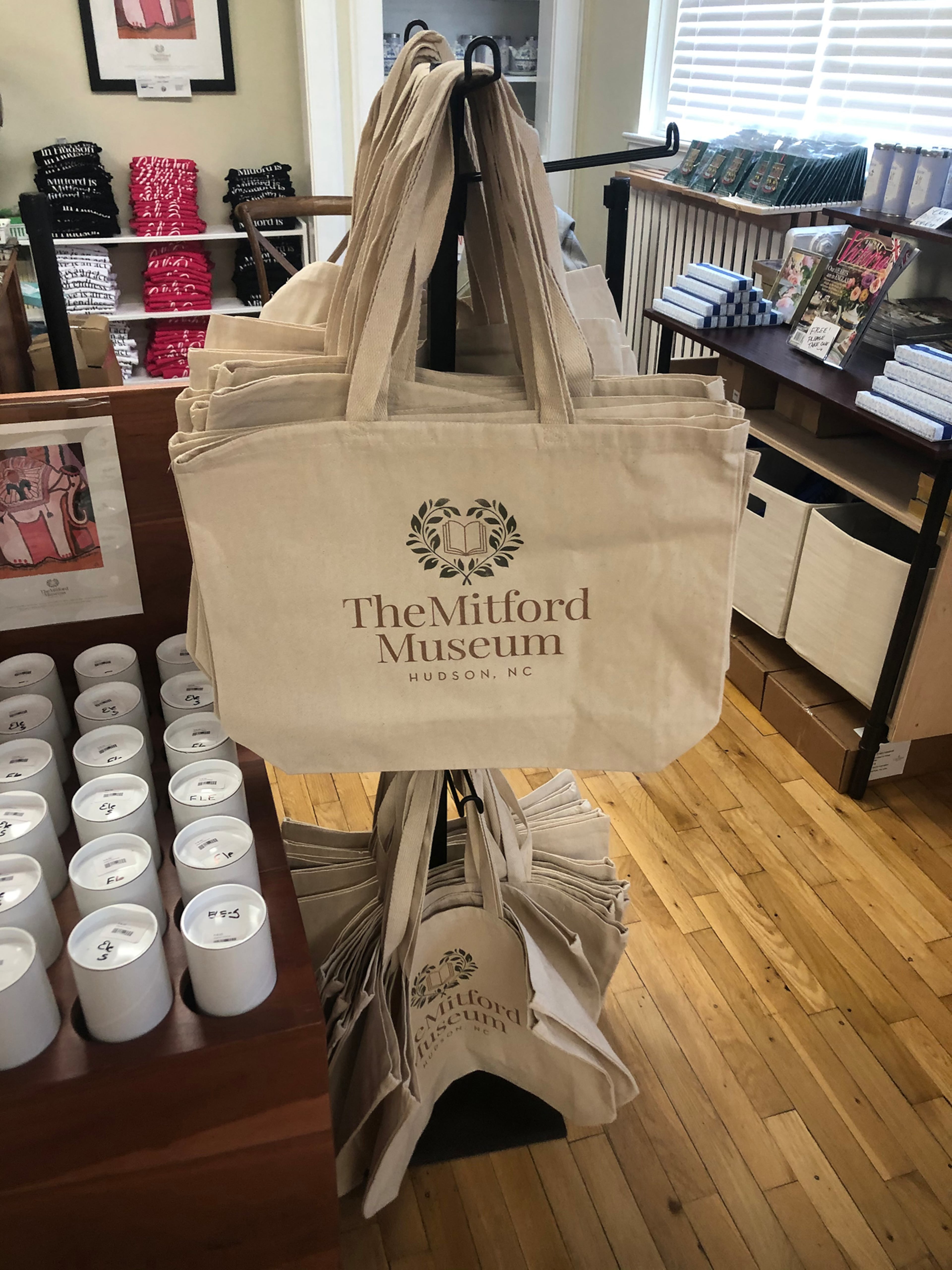 Tote bags for sale in the Happy Endings Bookstore at The Mitford Museum.
(Courtesy of Amy Bonesteel)