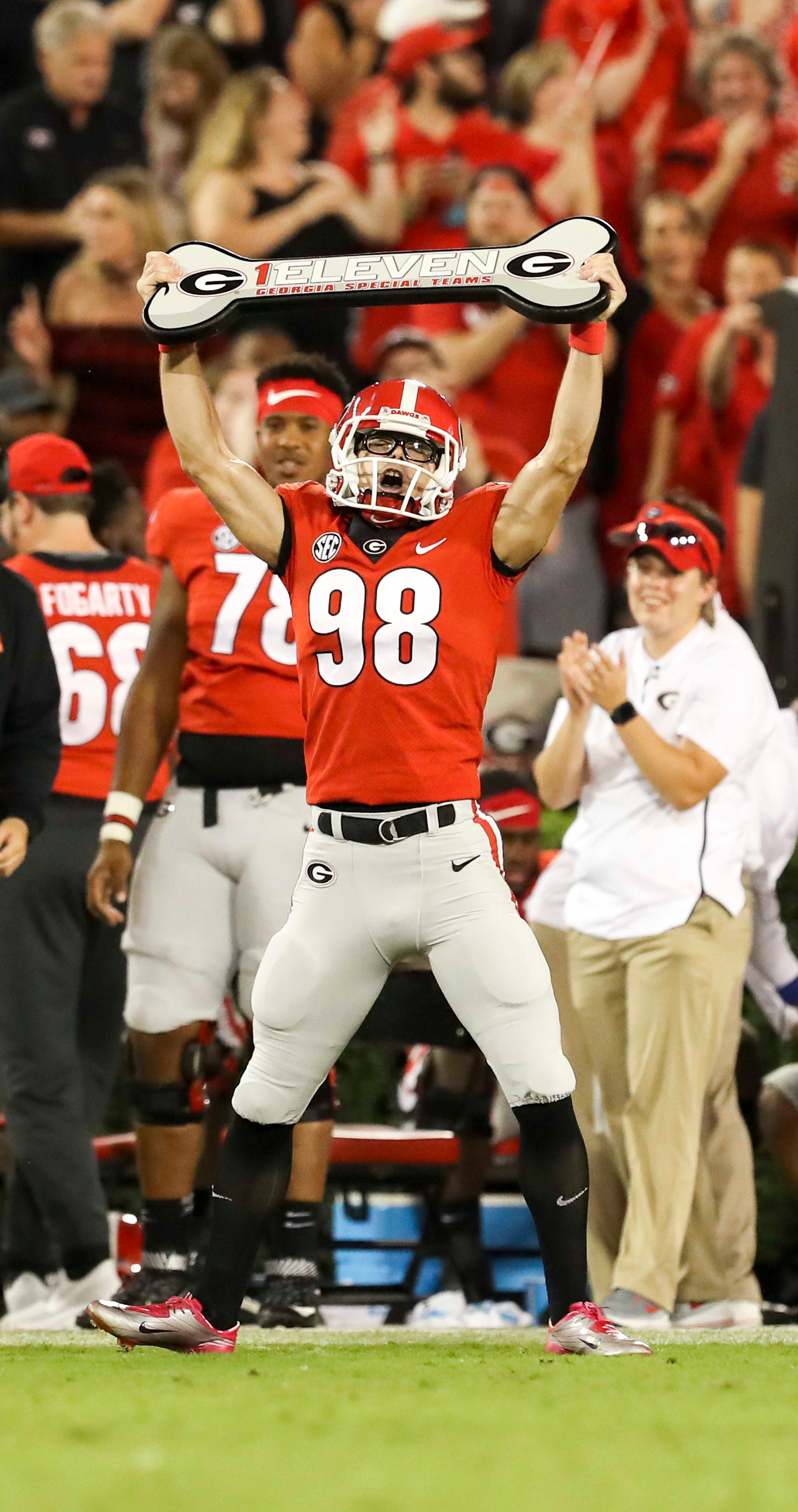 10/06/2018 -- Athens, Georgia -- Georgia place kicker Rodrigo Blankenship (98) celebrates after completing a field goal during the second half of an NCAA college football game against Vanderbilt at Sanford Stadium in Athens, Saturday, October 6, 2018. The Bulldogs beat Vanderbilt 41-13. (ALYSSA POINTER/ALYSSA.POINTER@AJC.COM)
