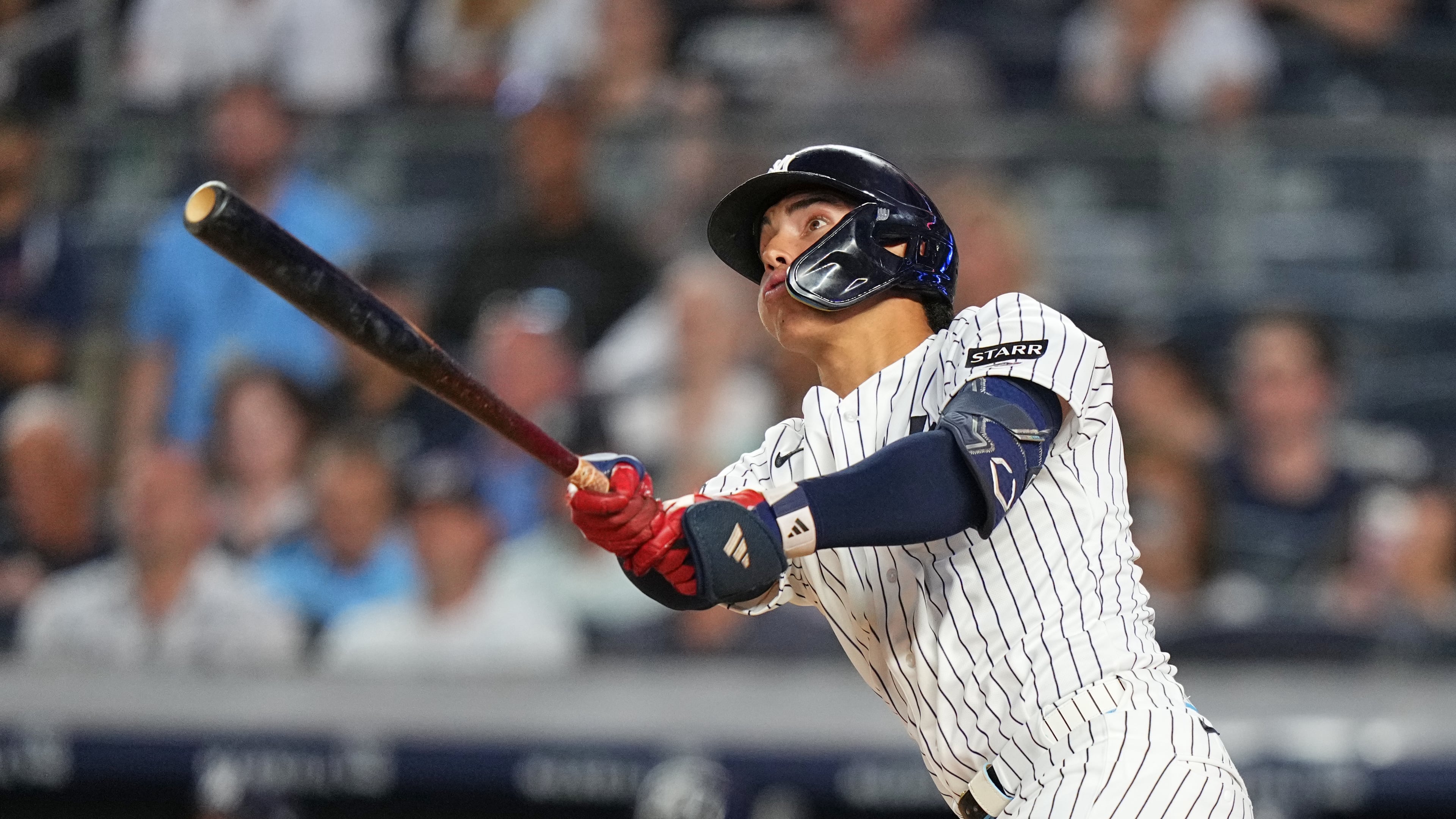 New York Yankees' George Lombard Jr. hits a home run during the fifth inning of a baseball game against the St. Louis Cardinals Tuesday, Aug. 4, 2026, in New York. (AP Photo/Frank Franklin II)