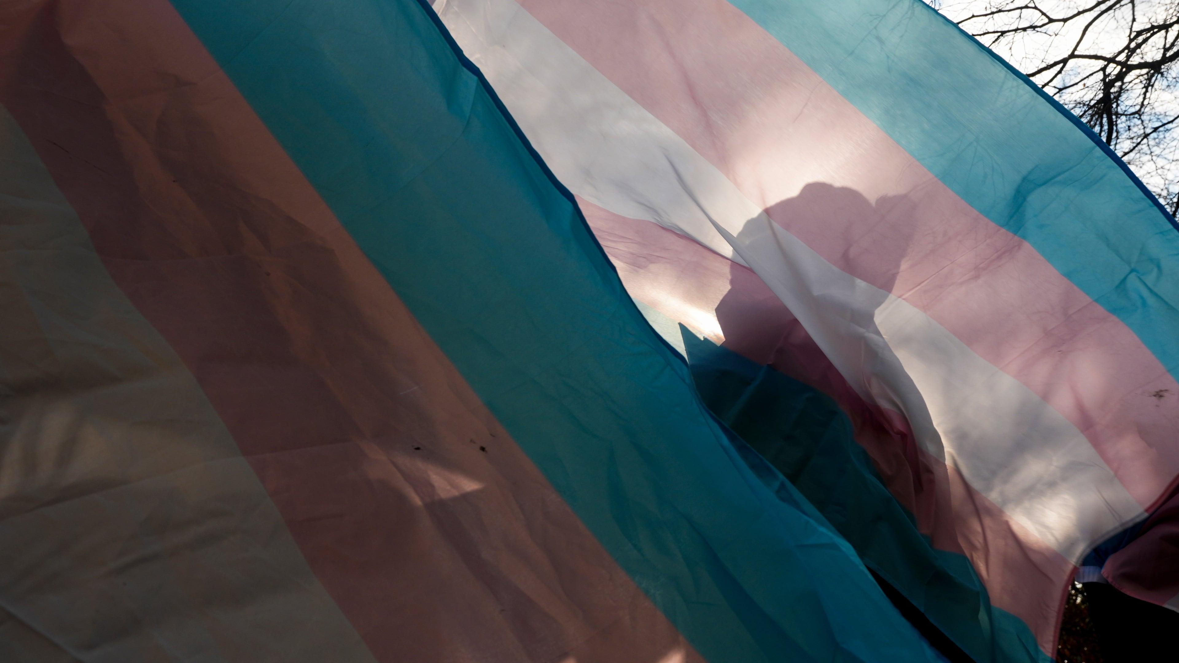 FILE - A protester is silhouetted against a trans pride flag during a pro-transgender rights protest outside of Seattle Children's Hospital, Feb. 9, 2025, in Seattle. (AP Photo/Lindsey Wasson, File)
