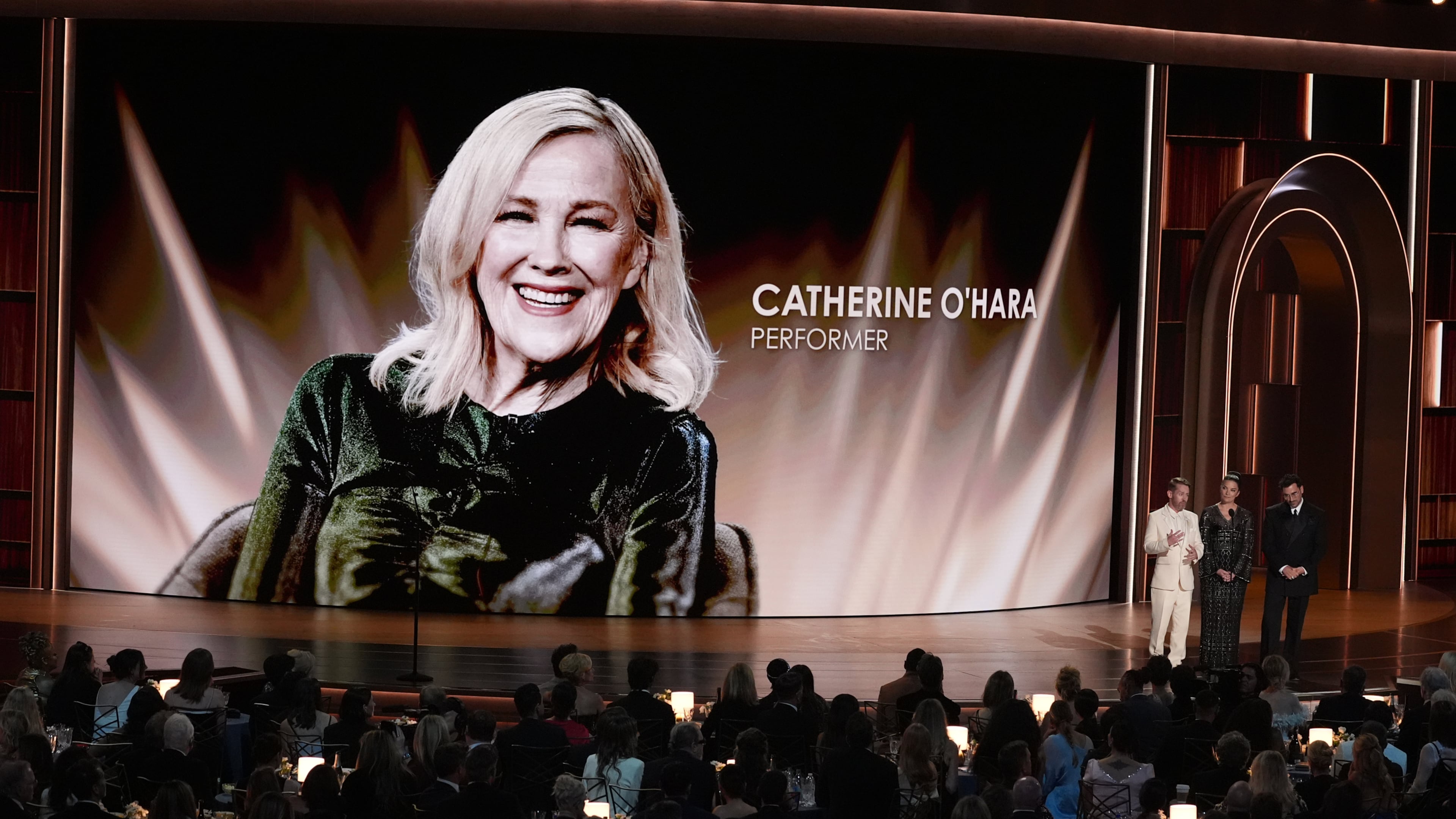 Macaulay Culkin, from left, Annie Murphy, and Dan Levy pay tribute to Catherine O'Hara during the 78th Emmy Awards on Monday, Sept. 14, 2026, at the Peacock Theater in Los Angeles. (AP Photo/Chris Pizzello)