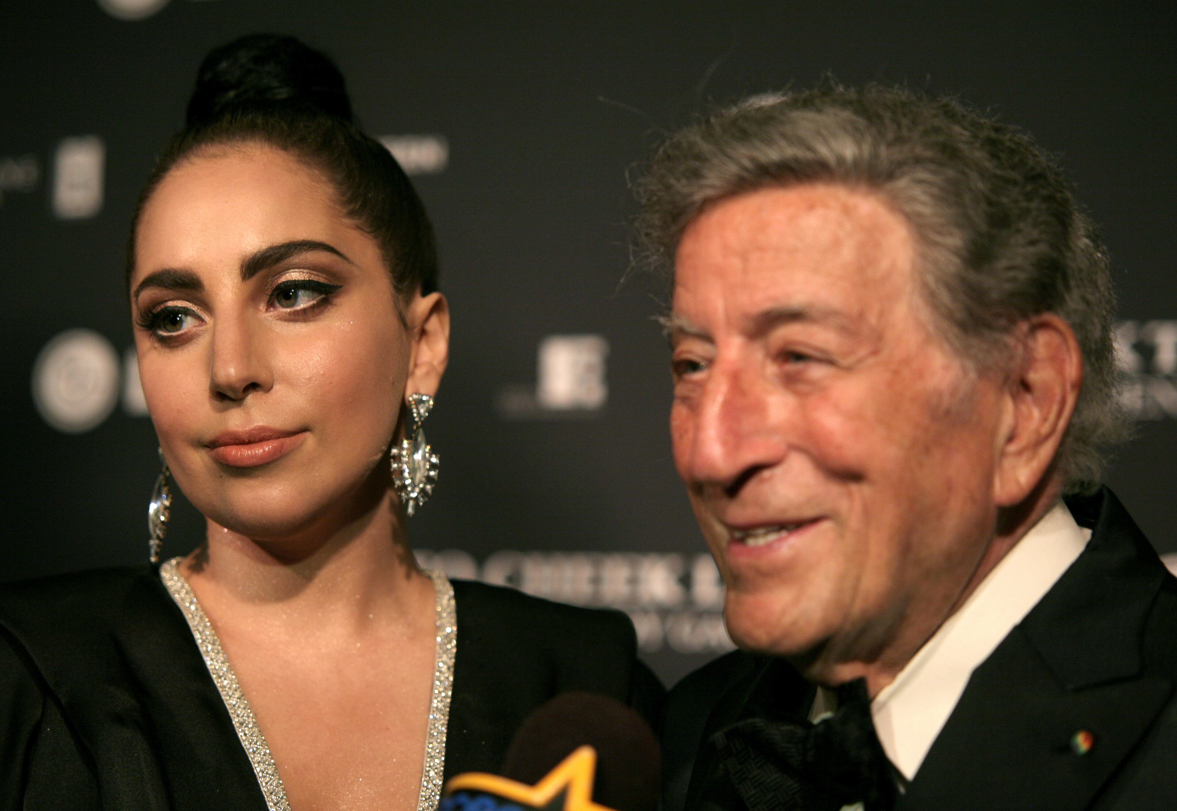 Recording artists Lady Gaga, left, and Tony Bennett, attend a Tony Bennett and Lady Gaga concert taping on Monday, July 28, 2014, in New York. (Photo by Andy Kropa/Invision/AP)