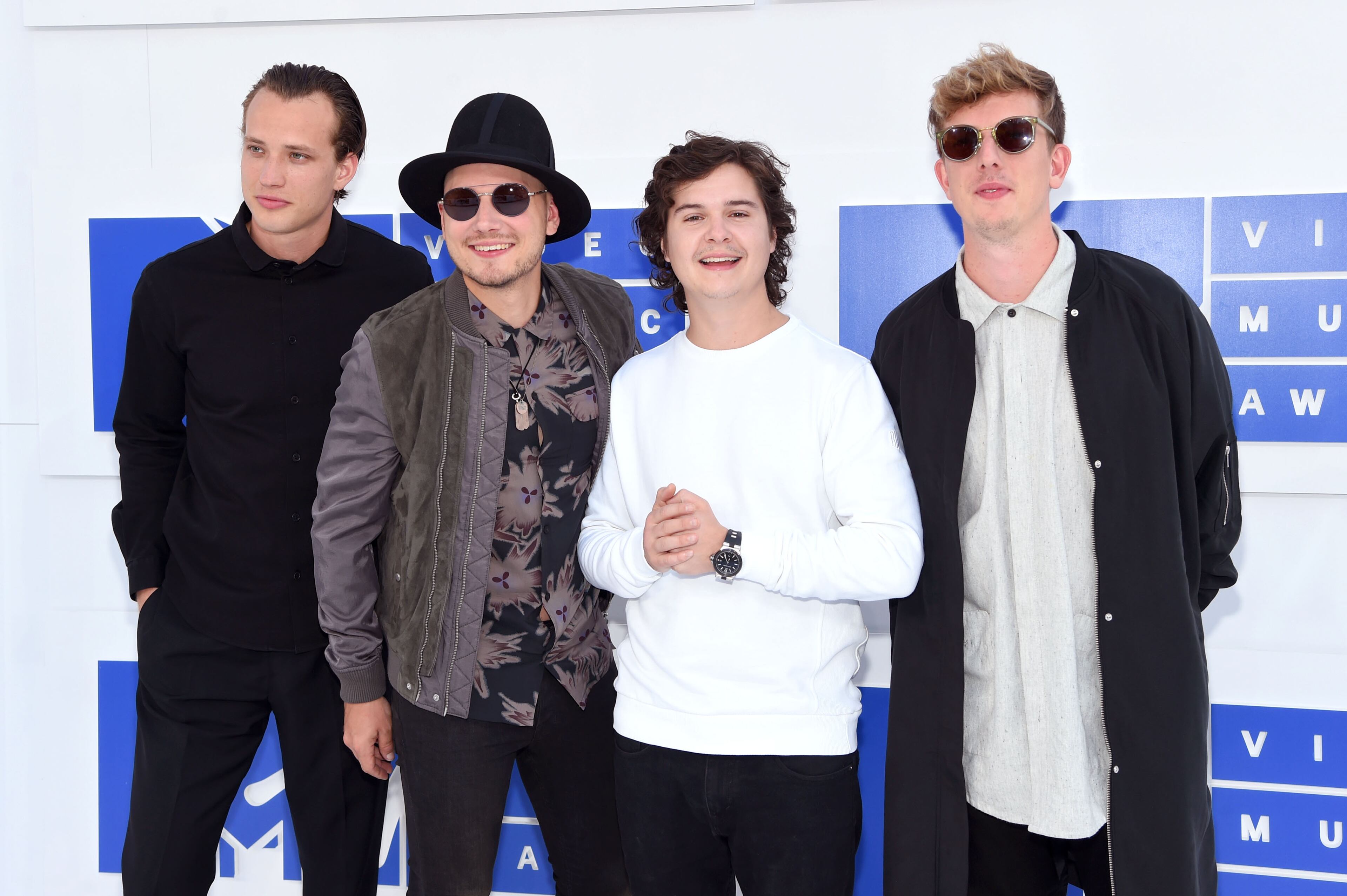 NEW YORK, NY - AUGUST 28: (L-R) Magnus Larsson, Kasper Daugaard, Lukas Graham Forchhammer and Mark Falgren, members of Lukas Graham, attend the 2016 MTV Video Music Awards at Madison Square Garden on August 28, 2016 in New York City. (Photo by Jamie McCarthy/Getty Images)