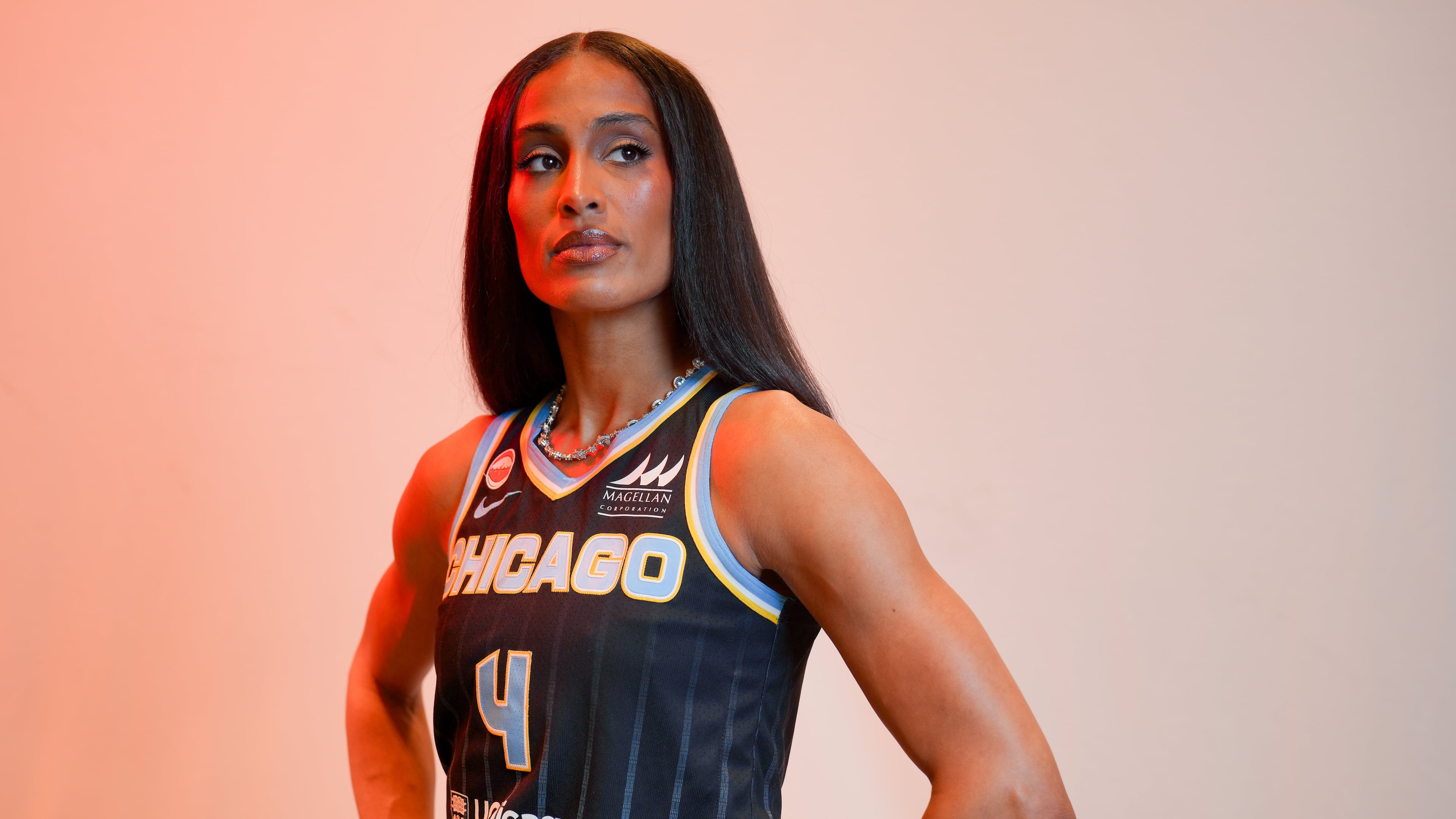 Chicago Sky's Skylar Diggins stands for a portrait during the WNBA basketball team's media day, Thursday, April 30, 2026, in Chicago. (Pat Nabong/Chicago Sun-Times via AP)