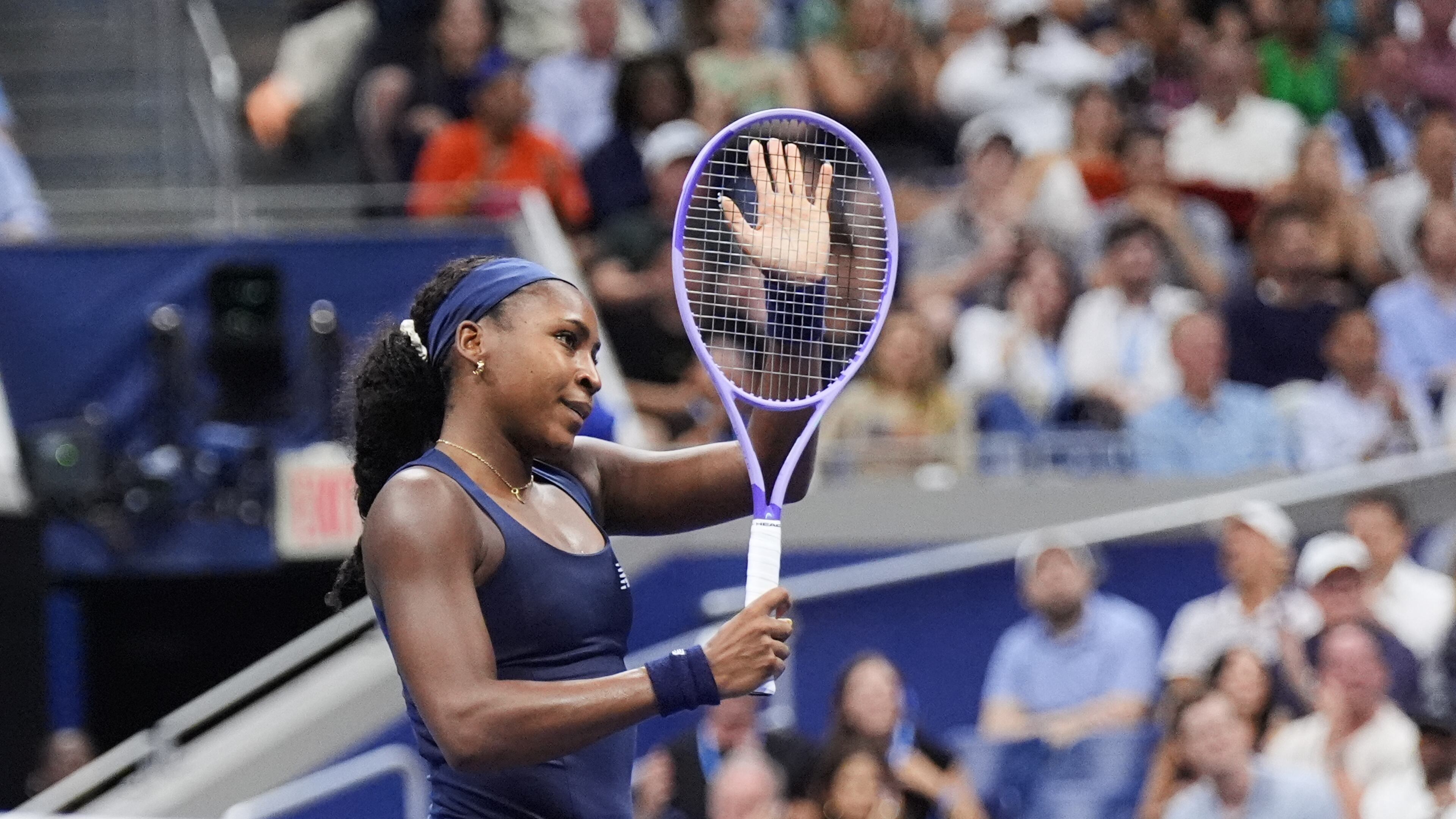 Coco Gauff, of the United States, reacts to the crowd during her match against Zeynep Sonmez, of Turkey, during the first round of the U.S. Open tennis championships Tuesday, Sept. 1, 2026, in New York. (AP Photo/Frank Franklin II)