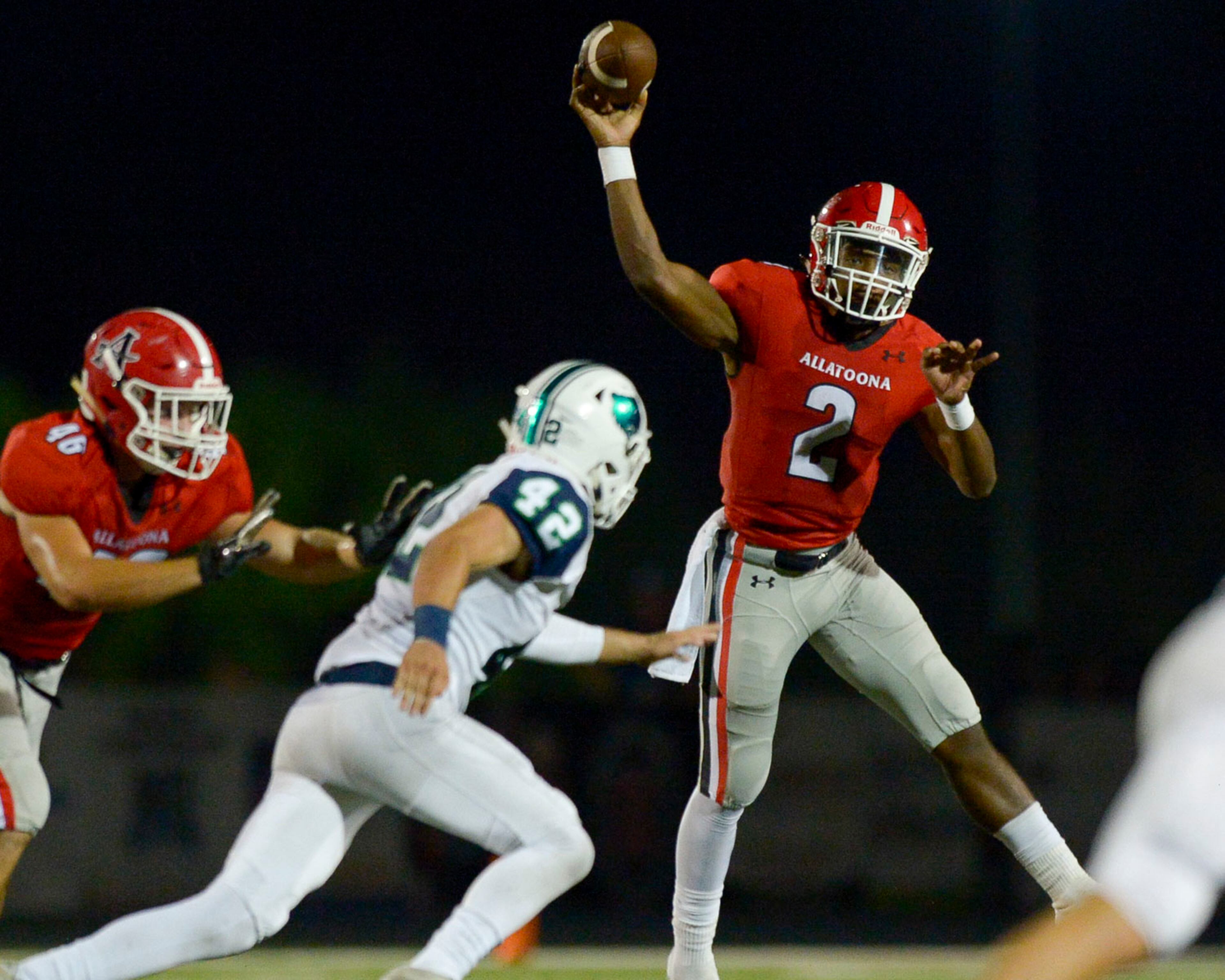 Allatoona senior quarterback Dante Marshall (2) attempts a pass in the second half. (Daniel Varnado/Special)