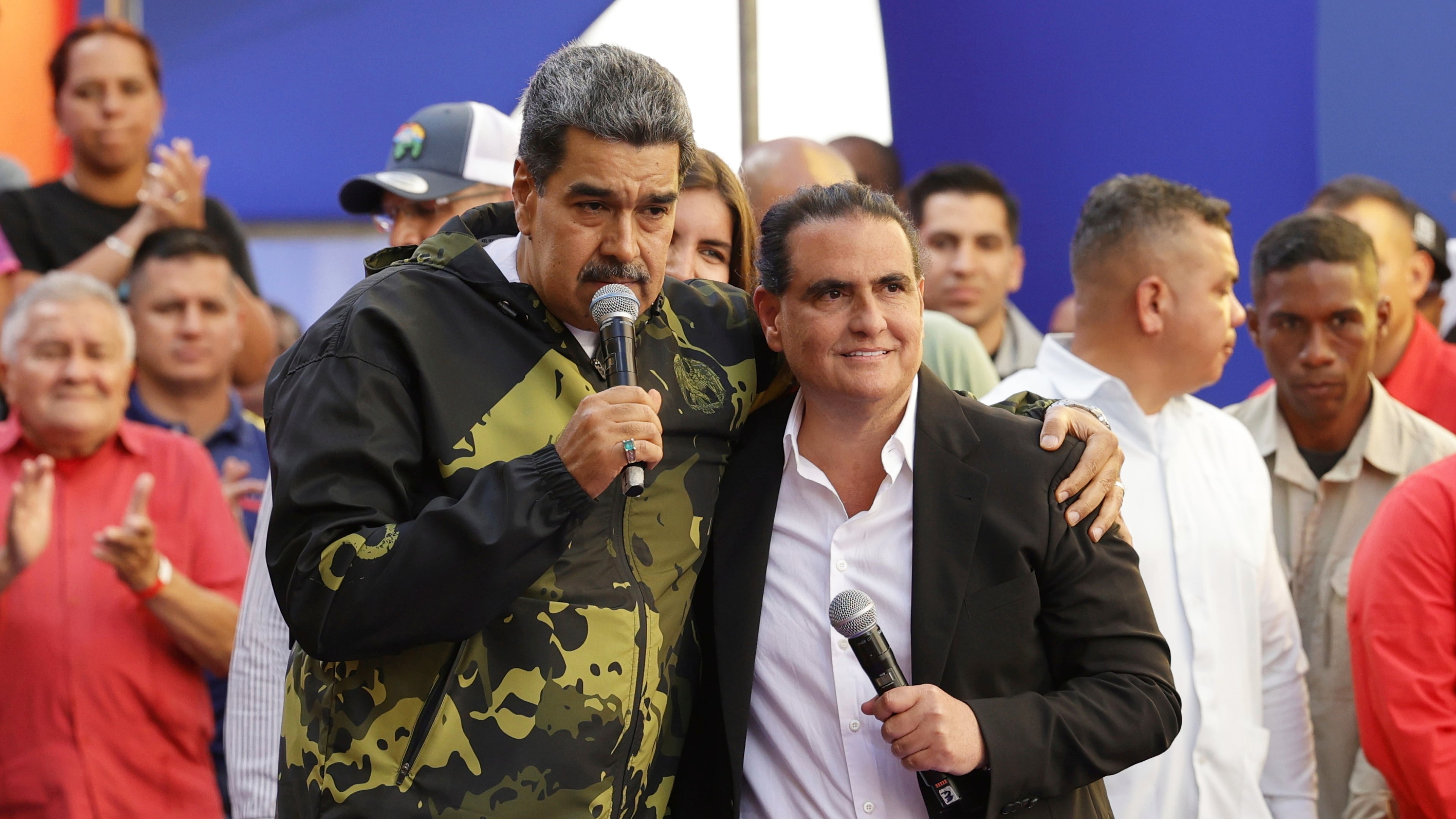 FILE - Venezuela's President Nicolas Maduro, left, and Alex Saab stand together during an event marking the anniversary of the 1958 coup that overthrew dictator Marcos Perez Jimenez, in Caracas, Venezuela, Jan. 23, 2024. (AP Photo/Jesus Vargas, File)