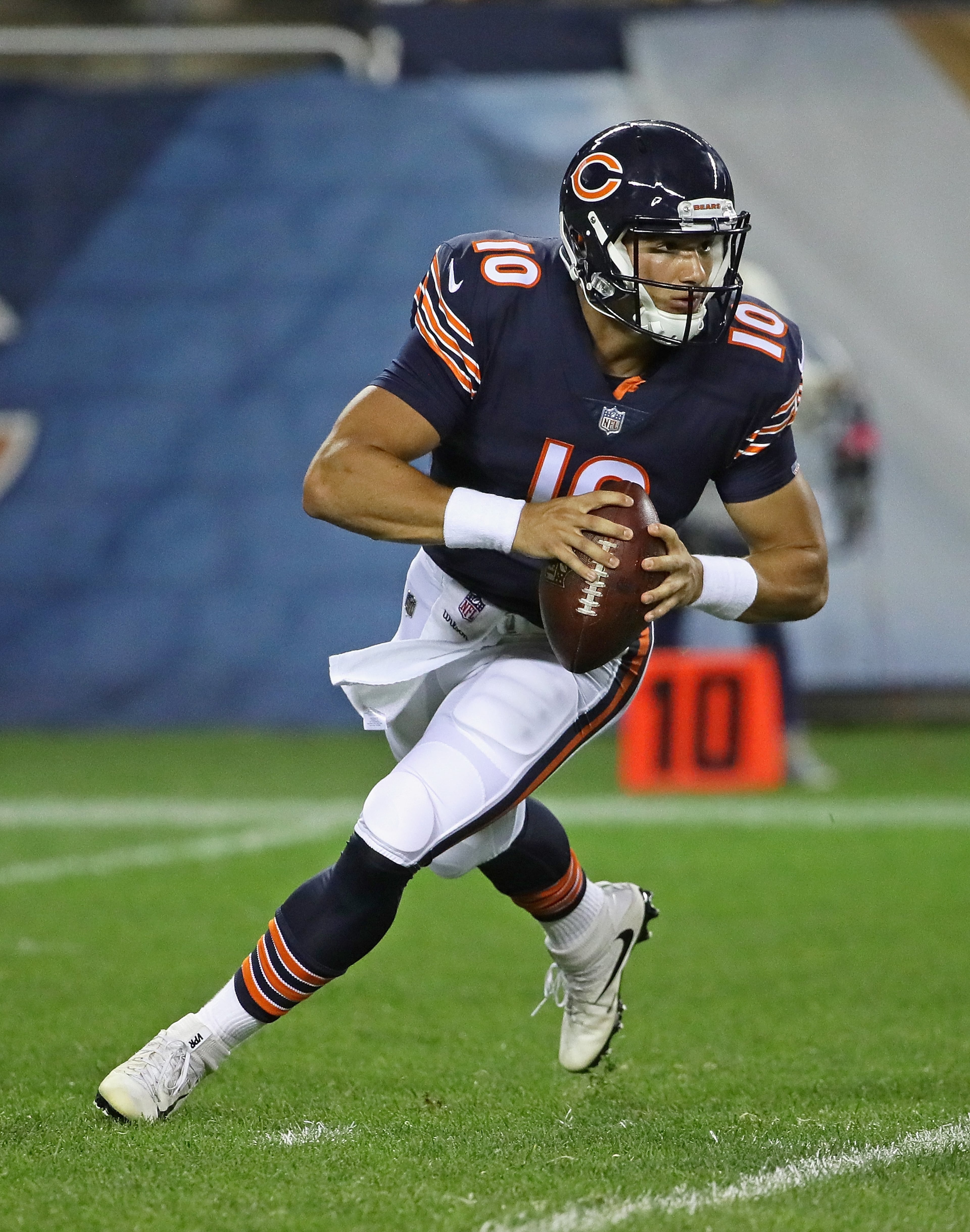 CHICAGO, IL - AUGUST 10: Mitchell Trubisky #10 of the Chicago Bears looks for a receiver against the Denver Broncos during a preseason game at Soldier Field on August 10, 2017 in Chicago, Illinois. The Broncos defeated the Bears 24-17. (Photo by Jonathan Daniel/Getty Images)