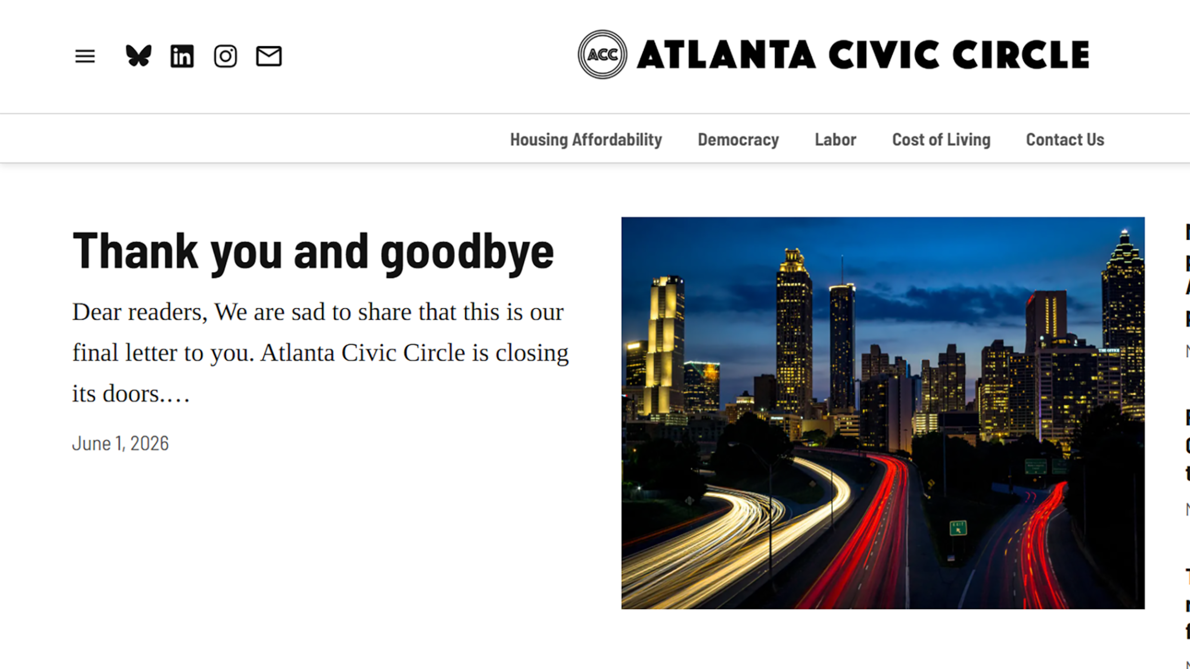 Atlanta Civic Circle announced Monday it was shutting down after six years on its website. (Atlanta Civic Circle screenshot)