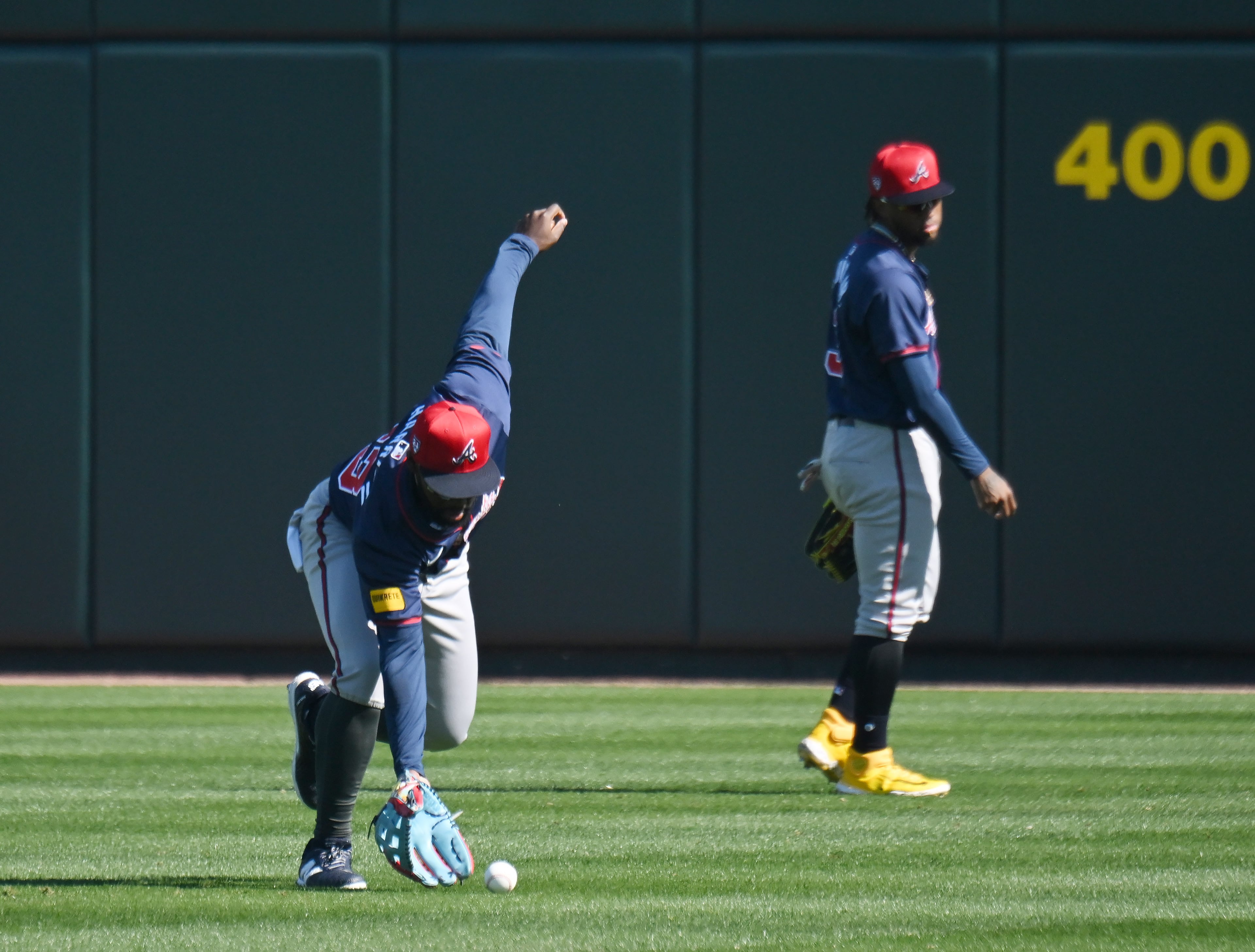 Atlanta Braves center fielder Michael Harris II fields a ground ball during spring training workouts at CoolToday Park, Wednesday, Feb. 21, 2024, in North Port, Florida. (Hyosub Shin / Hyosub.Shin@ajc.com)