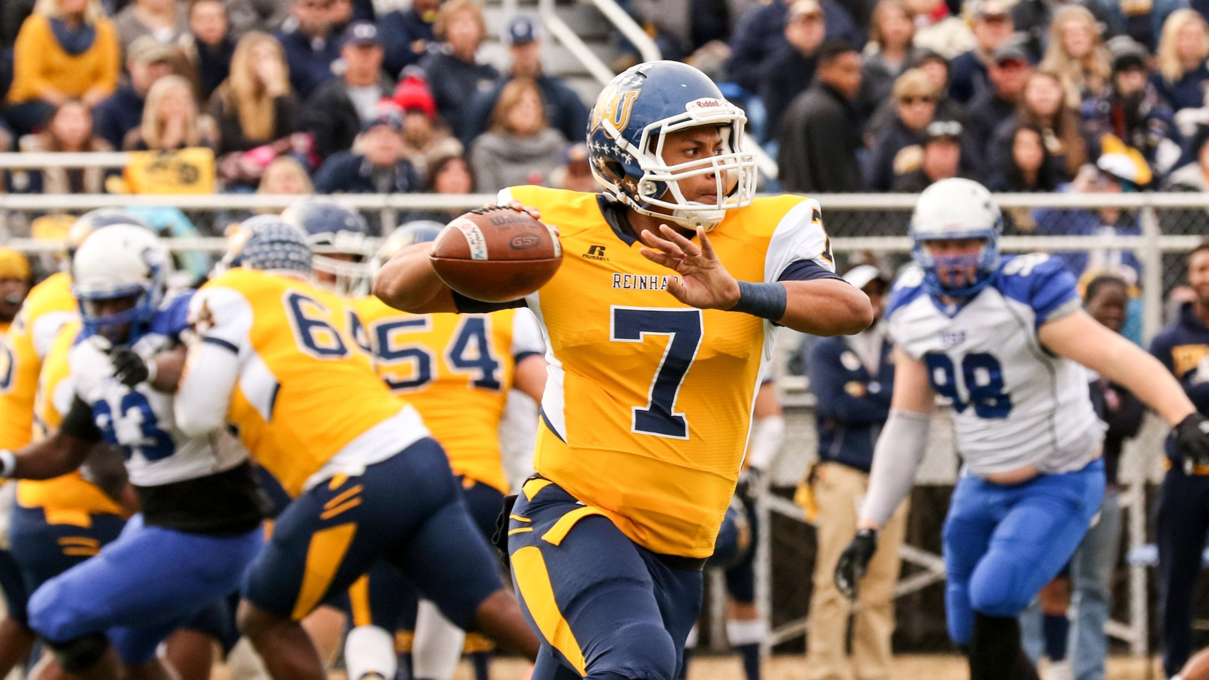 Reinhardt quarterback Ryan Thompson looks to throw in the second quarter as the No. 3 Reinhardt Eagles lost to No. 4 St. Francis 42-24 in an NAIA national semifinals game at Ken White Field on Saturday, Dec. 3, 2016. (Greg Spell/G-RoxPhotos.com)