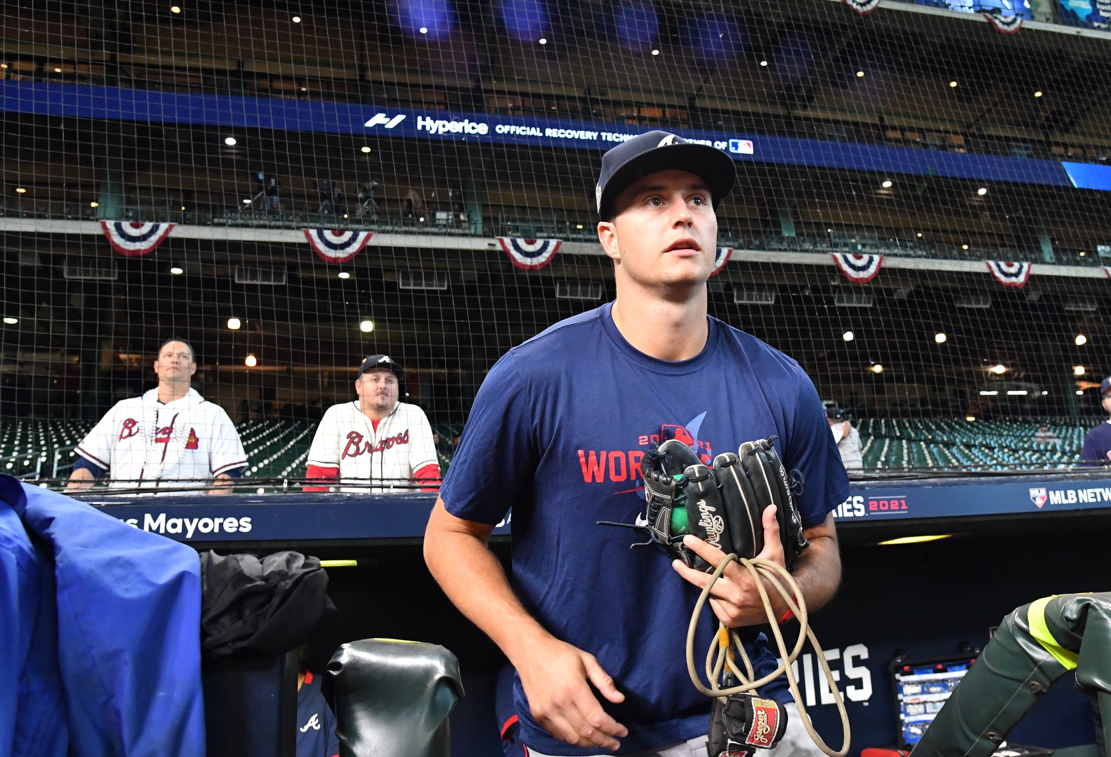 Braves pitcher Tucker Davidson, replacing Charlie Morton, takes the field prior to Game 2 of baseball's World Series at Minute Maid Park in Houston on Wednesday, October 27, 2021. (Hyosub Shin / Hyosub.Shin@ajc.com)