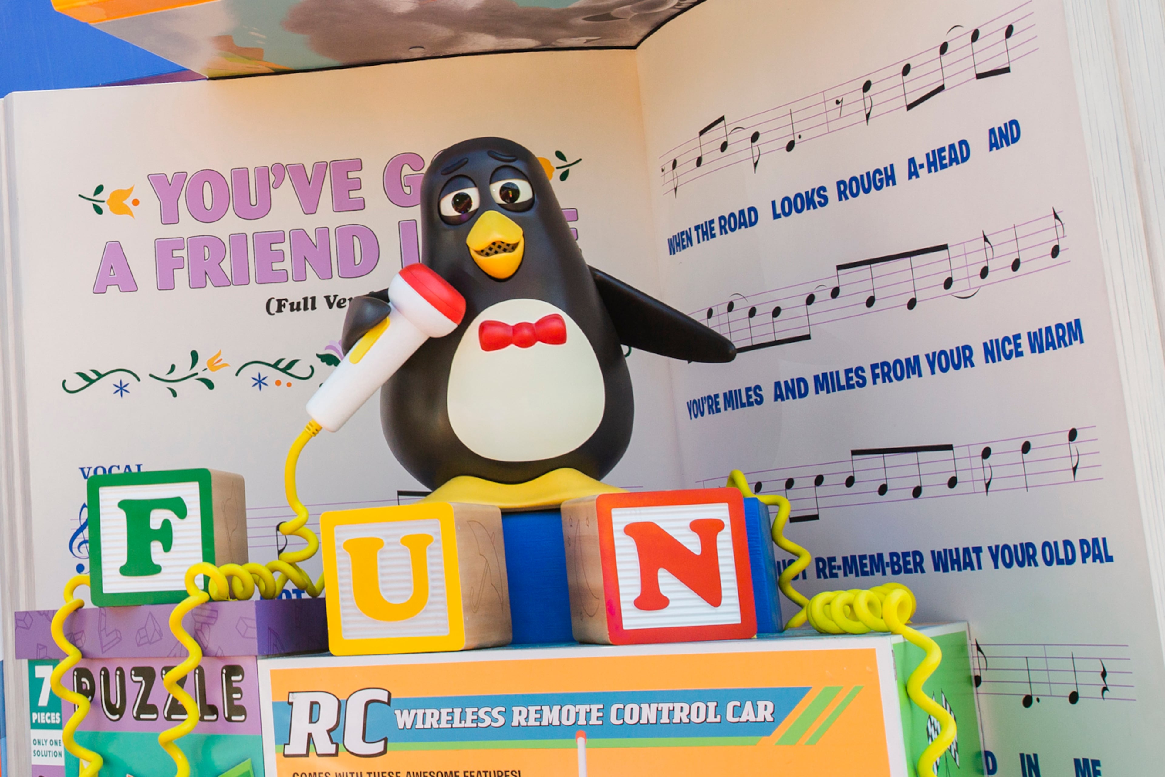 Wheezy, the squeaky toy penguin from the Pixar Animation StudiosÕ Toy Story films, delights guests riding Slinky Dog Dash, the family-friendly coaster in Toy Story Land at Disney's Hollywood Studios. The Audio-Animatronic figure serenades guests with "YouÕve Got a Friend in Me," the popular song from the films. The 11-acre Toy Story Land lets Walt Disney World Resort guests feel like they are the size of a toy in the setting of Andy's backyard, where they can also take a spin aboard Alien Swirling Saucers and try for the high score on Toy Story Mania! (Steven Diaz, photographer)