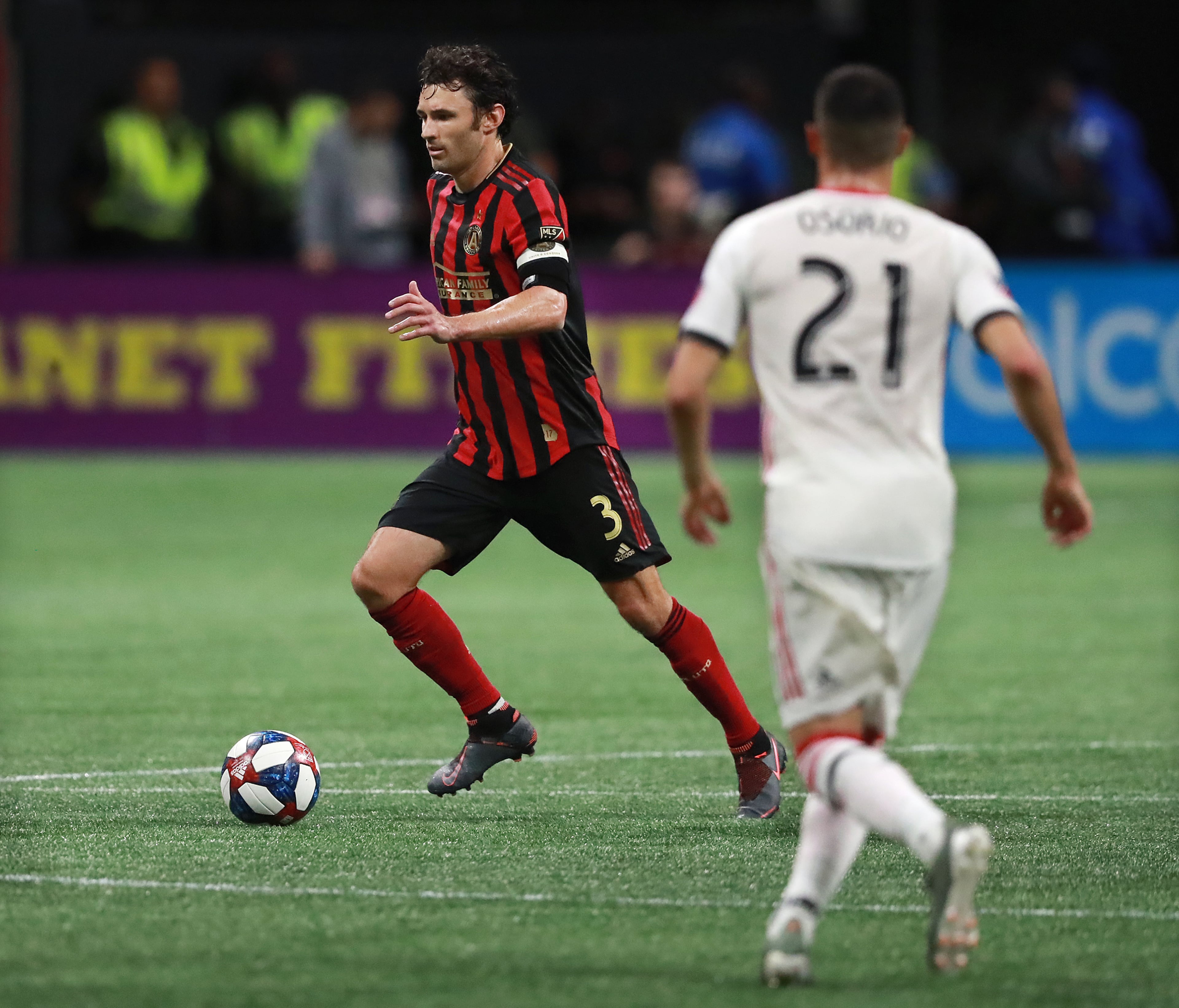 Atlanta United defender Michael Parkhurst, playing in his final game, works against Toronto FC during the first half in the Eastern Conference Final on Wednesday, October 30, 2019, in Atlanta. Curtis Compton/ccompton@ajc.com