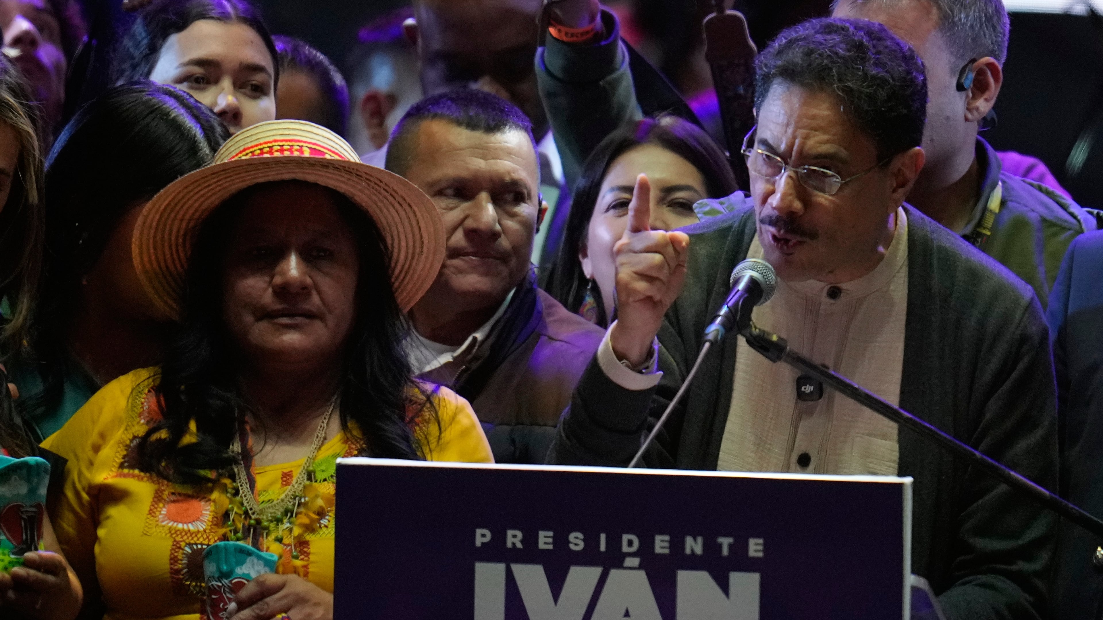 Sen. Ivan Cepeda, presidential candidate of the ruling Historic Pact coalition, speaks to supporters during a campaign rally in Bogota, Colombia, Friday, May 22, 2026. (AP Photo/Fernando Vergara)
