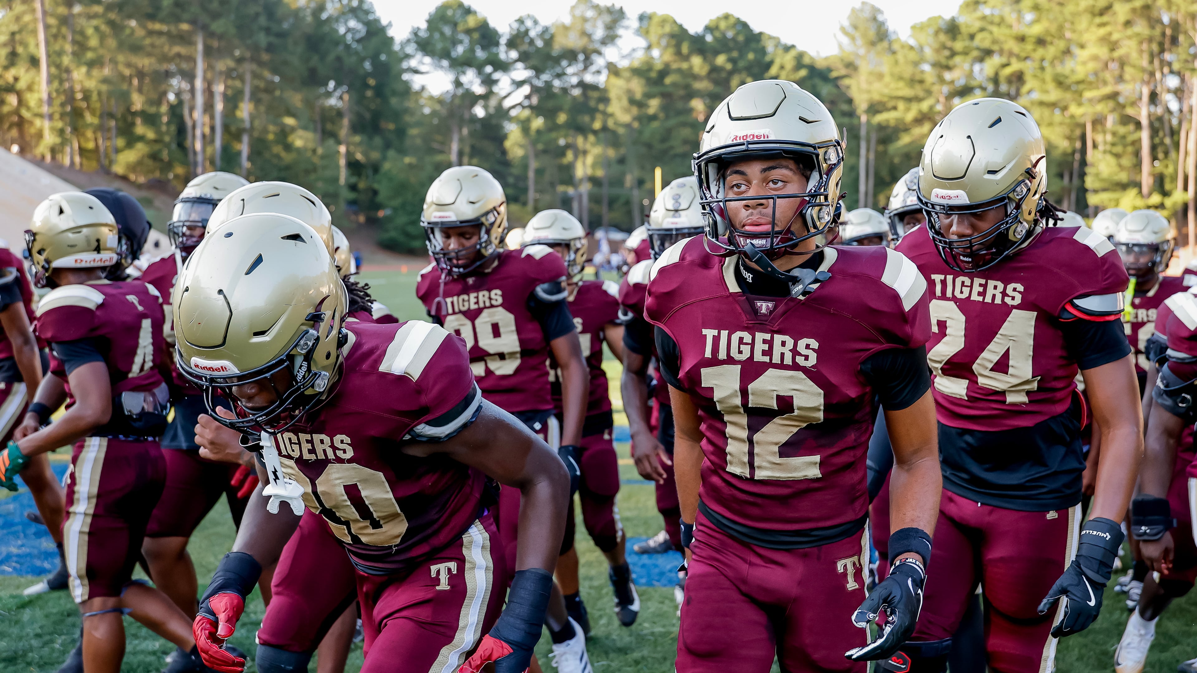 Tucker players leave the field after warmups before the game against Stephenson on Friday, Sept. 4, 2026, at Hallford Stadium in Clarkston. Tucker beat Class 4A No. 4 Stephenson 21-14. (Erik S. Lesser for the AJC)